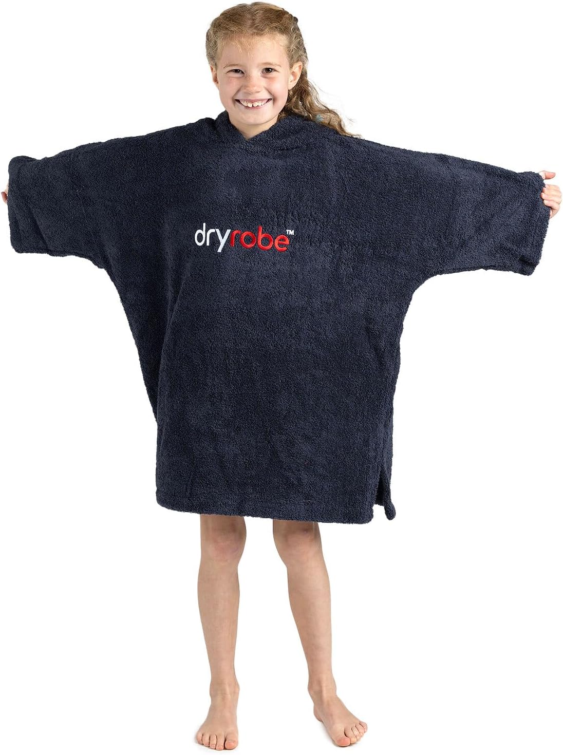 Dryrobe Towel Swim Robe - Hooded Surf Poncho Changing Robe - Organic Cotton - for Swimming, Beach, Surfing - Short Sleeve (Kids 10-13) Navy Blue