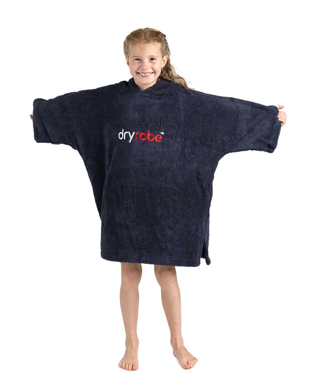 Dryrobe® Organic Towel Swim Robe - Short Sleeve Hooded Surf Poncho Changing Robe - Organic Cotton - for Swimming, Beach, Surfing - Childs Age 5-9 - Navy