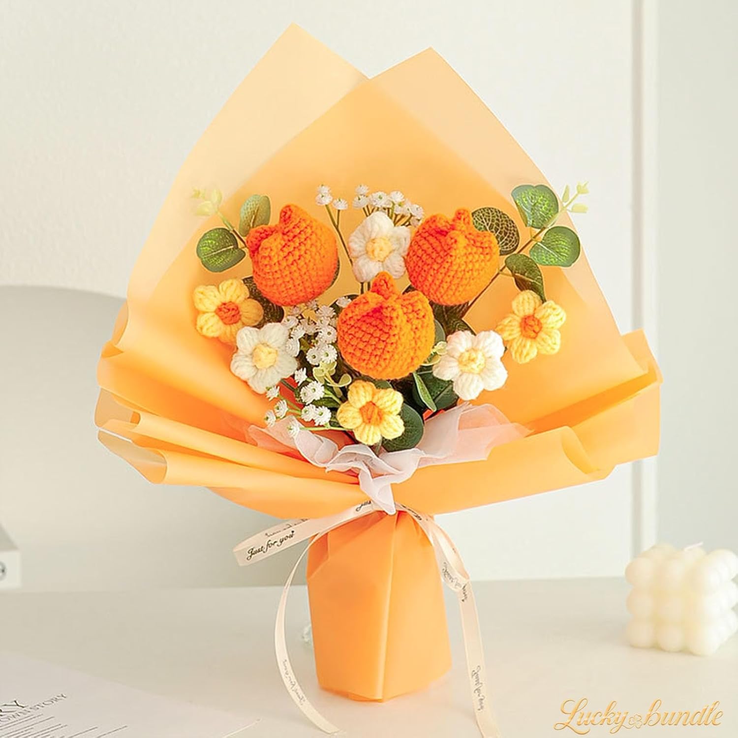 Crochet Tulip Bouquet - Handmade Knitted Flowers with 3 Tulips, Eucalyptus & Baby's Breath - Hypoallergenic Gift for Women, Mother's Day, Birthday - Includes Gift Bag & Card