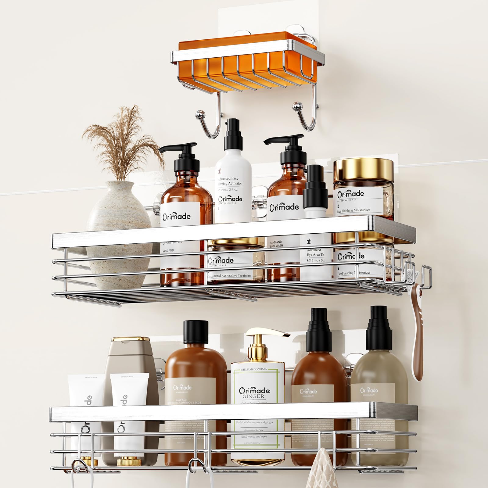 Orimade Adhesive Shower Caddy Soap Dish Holder Shelf with 5 Hooks Bathroom Organizer Basket Kitchen Storage Rack Wall Mounted No Drilling Stainless Steel - 3 Pack,Silver