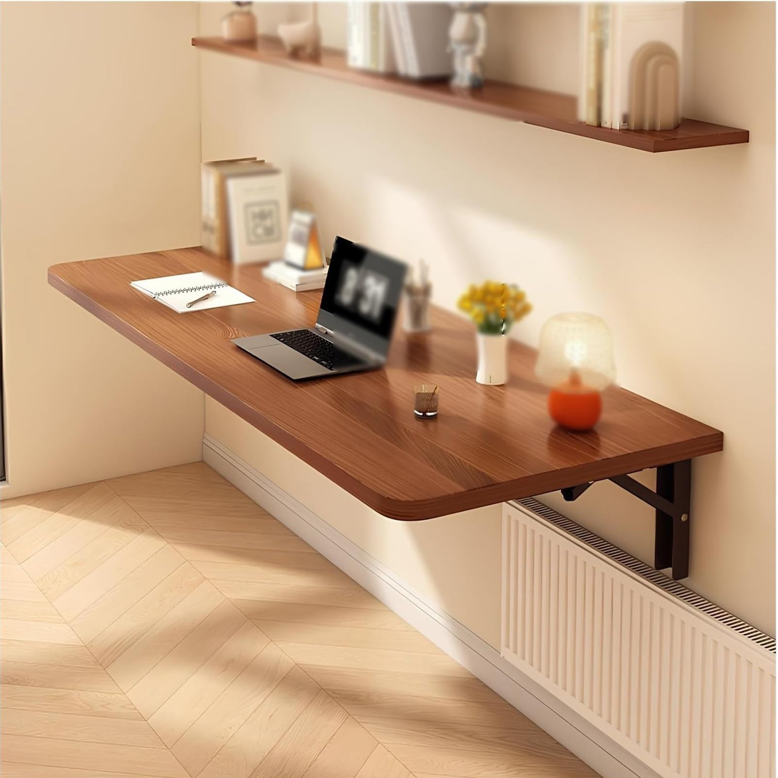 GJZQDKX Wall-Mounted Folding Table - Heavy Duty Collapsible Shelf for Office, Laundry, Kitchen & Study - Walnut Finish, 120x30cm - Space-Saving Solution for Work Bench