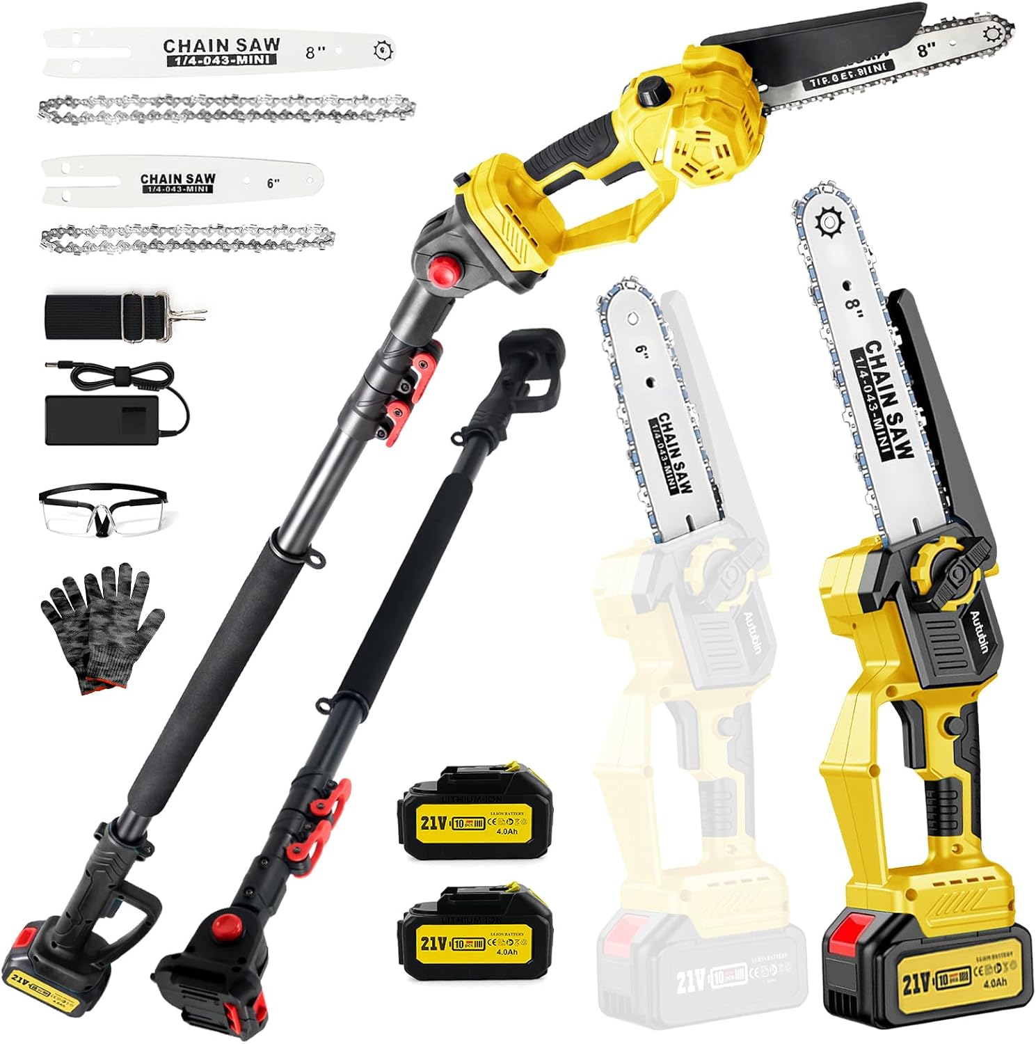 2-in-1 8 & 6 Inch Cordless Pole Saw for Tree Trimming,16FT Max Reach
