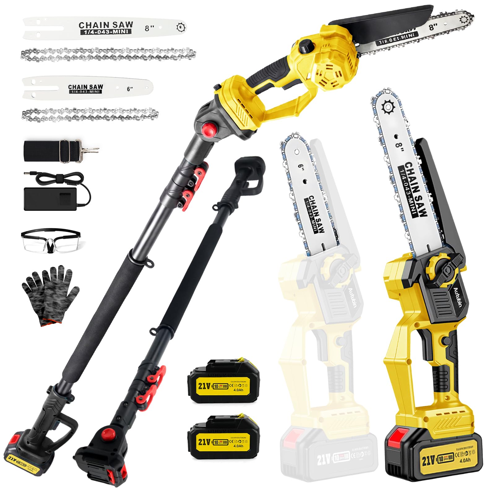 2-in-1 8 &amp; 6 Inch Cordless Pole Saw for Tree Trimming,16FT Max Reach