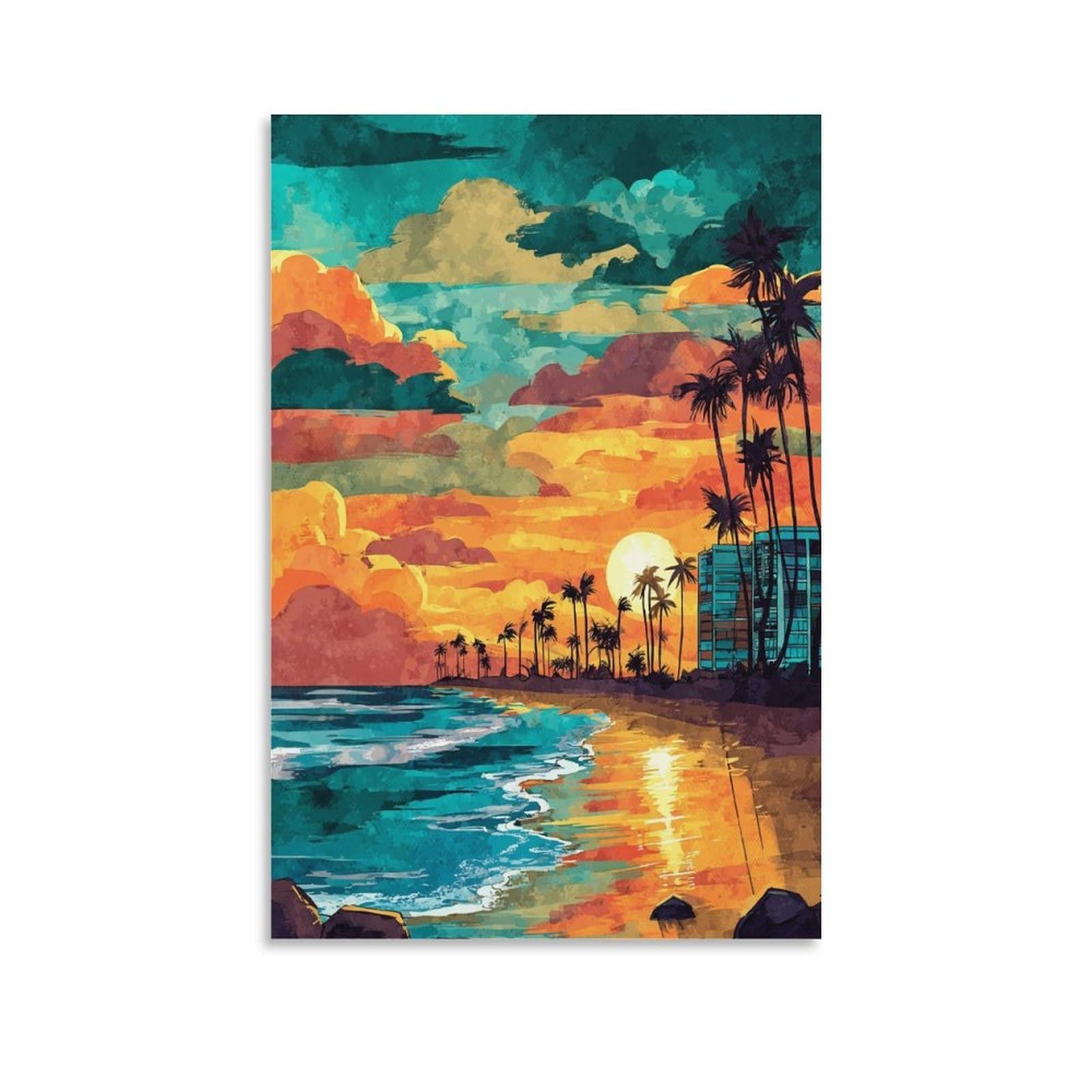 Miami Beach Posters 20x30inch(50x75cm) Vintage Watercolor Canvas Art