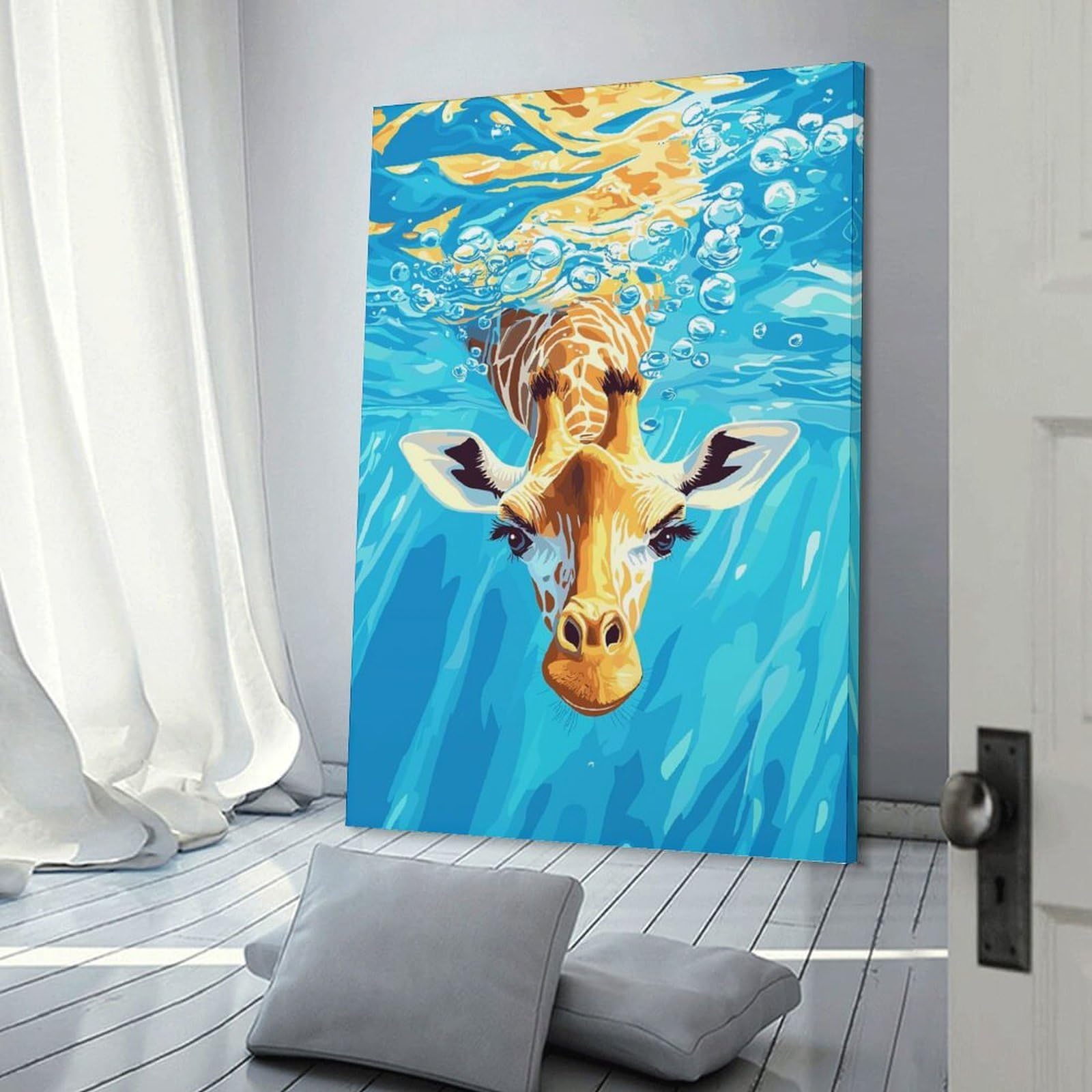 Junmoney Frame-Style-3 Giraffe Swimming Underwater Illustration Canvas Wall Picture, 20X30inch(50X75cm), For Living Room, Bedroom Or Apartment Walls, Decorative Artwork For Empty Walls