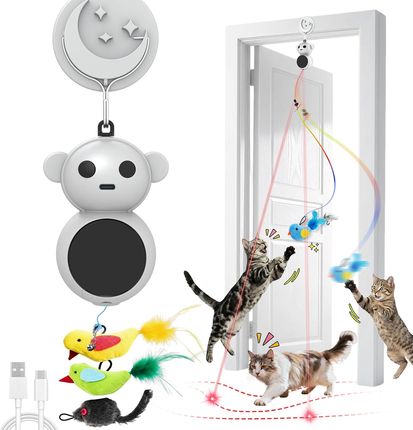 Interactive Cat Toys for Indoor Cats: 2 in 1 Laser Pointer Cat Toy with Automatic Flying Bird & Mouse Wand, Smart Motion Mode Adjustable Speed, USB Rechargeable Safe for Bored Kittens and Adult Cats
