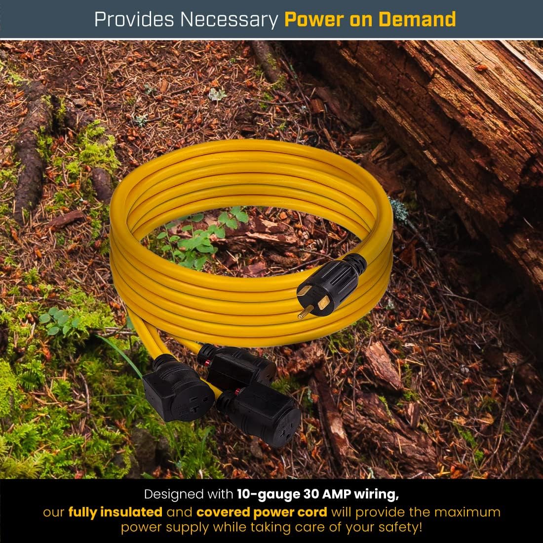 Firman 1101 Power Cord TT-30P to 3 x 5-20R 25ft Extension 10 AWG and Storage Strap
