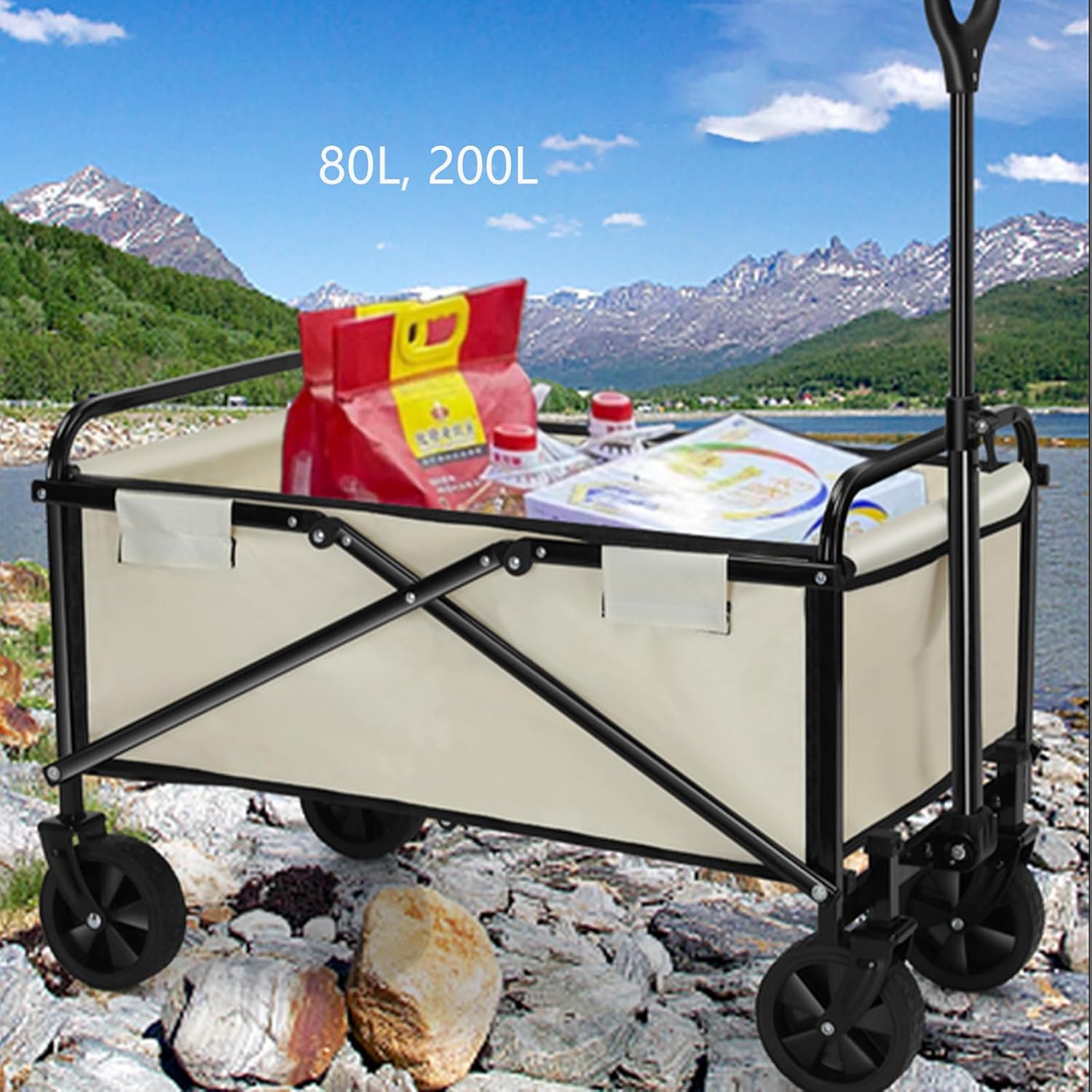 80L Folding Utility Trolley, 200Lbs Heavy Duty Portable Utility Beach Trolley Suitable for Beach Shopping Sandy Beach Garden Camping and Outdoor Activities