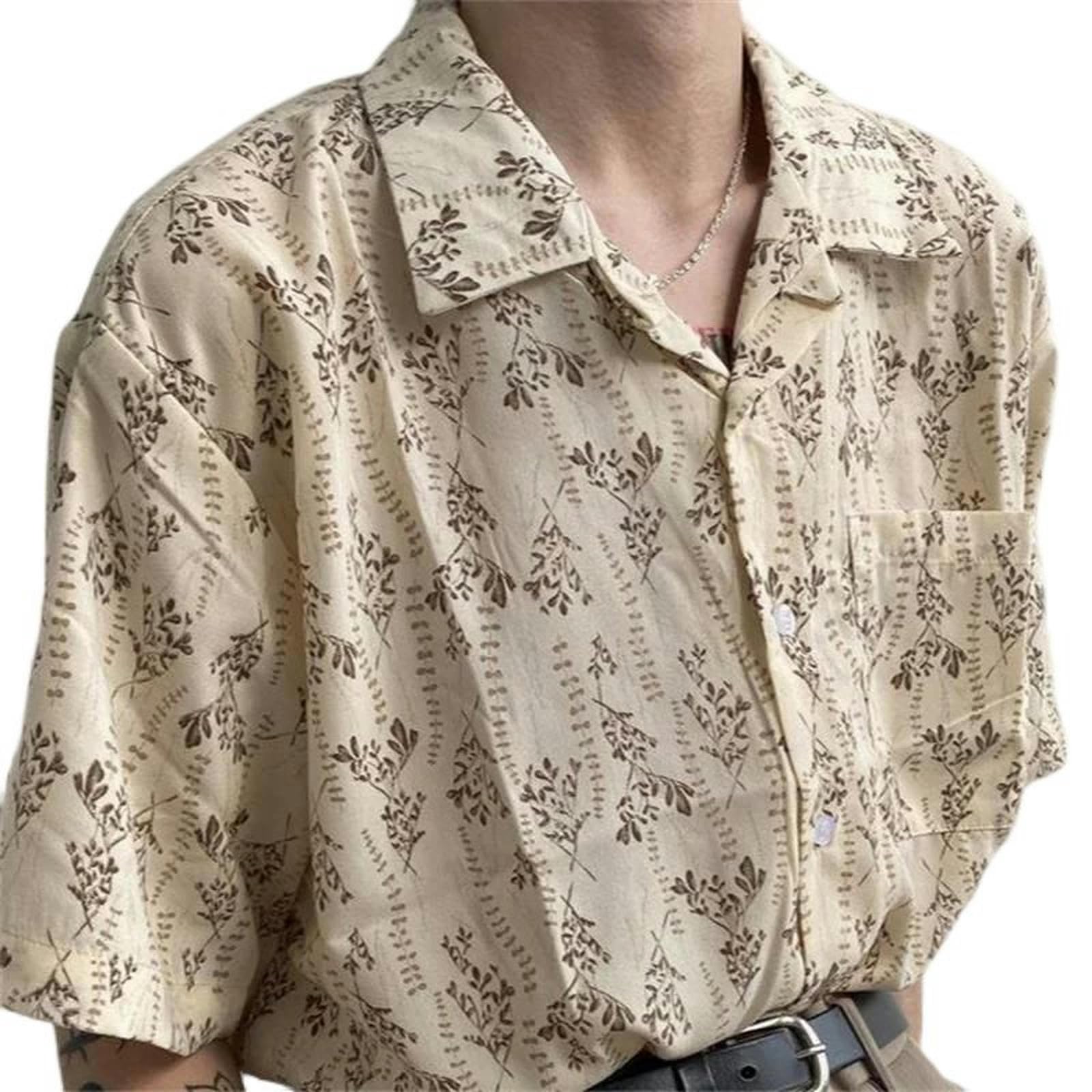 Chemise petit col fleuri pour homme vêtement d'été couleur kaki taille M