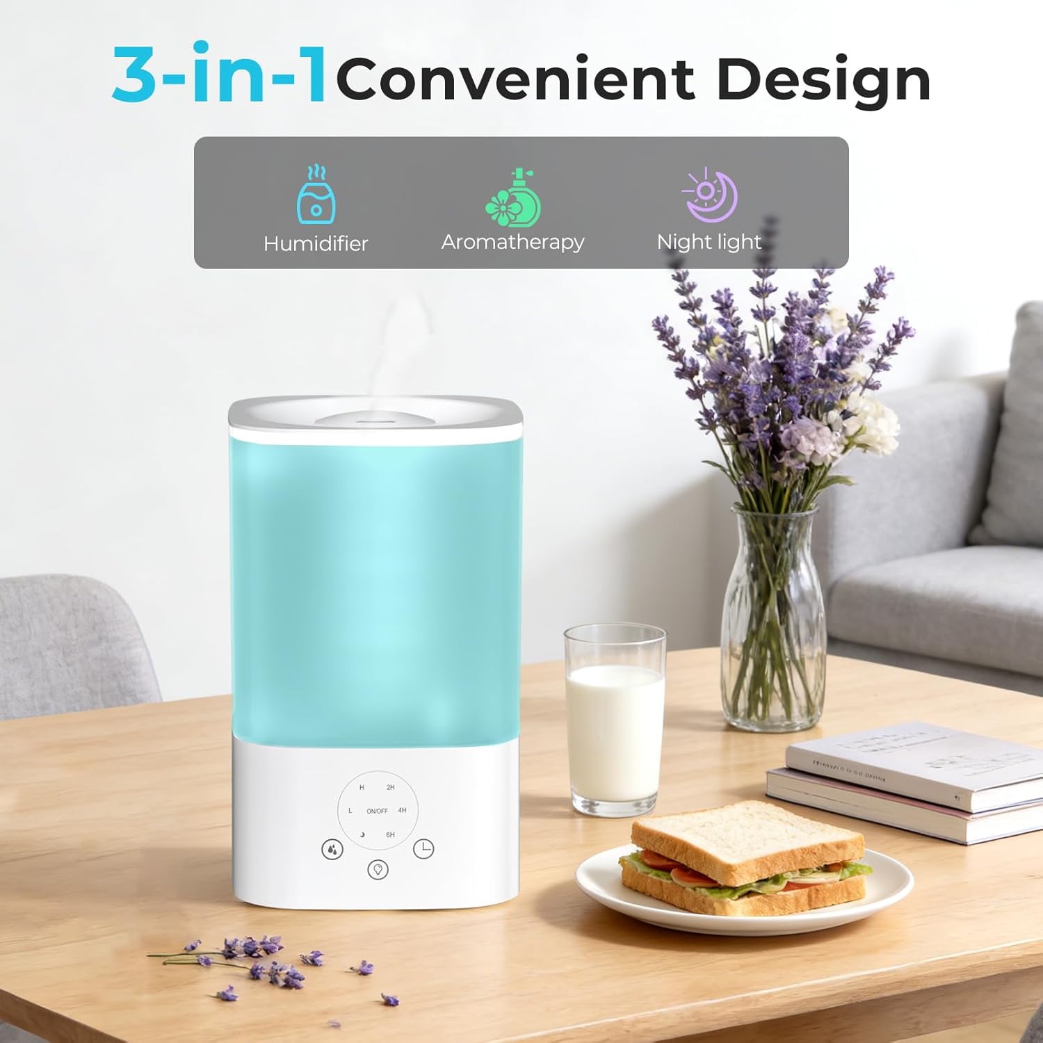 3.2L Cool Mist Humidifiers for Bedroom,Humidifiers for Baby Nursery＆Plants,3 in 1,Top Fill,360°Nozzle,Timer,24DB Quiet,BPA Free,Tap to Operate,White