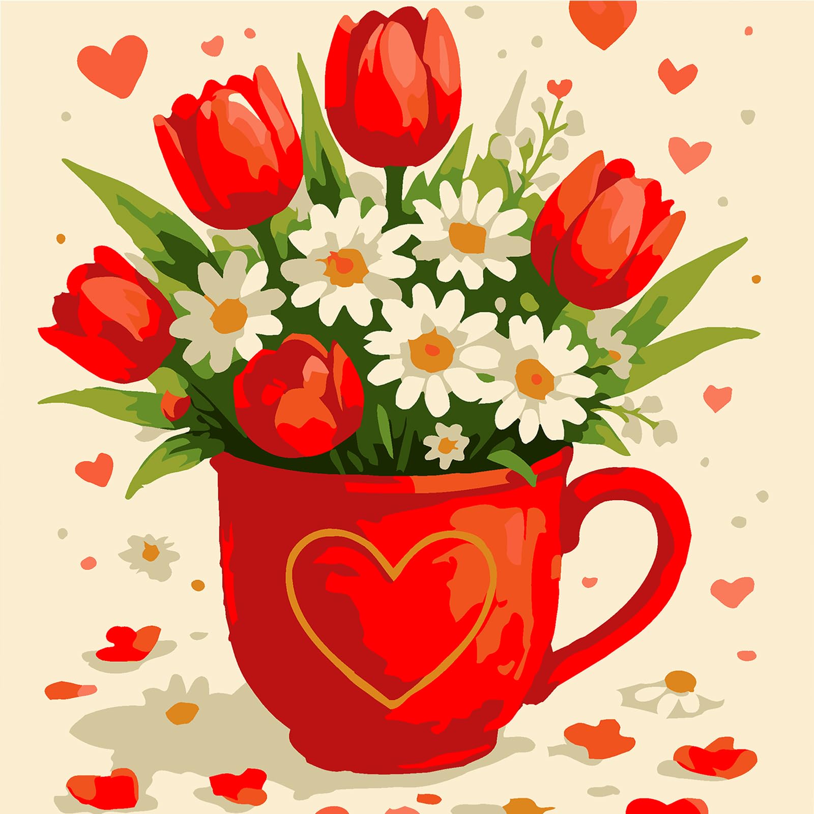 Teacup Tulips DIY Paint By Numbers Kit on Canvas 20x20cm with Frame Paint by Numbers Kits Drawing Paintwork for Beginners Adults Gift Home Wall Decor
