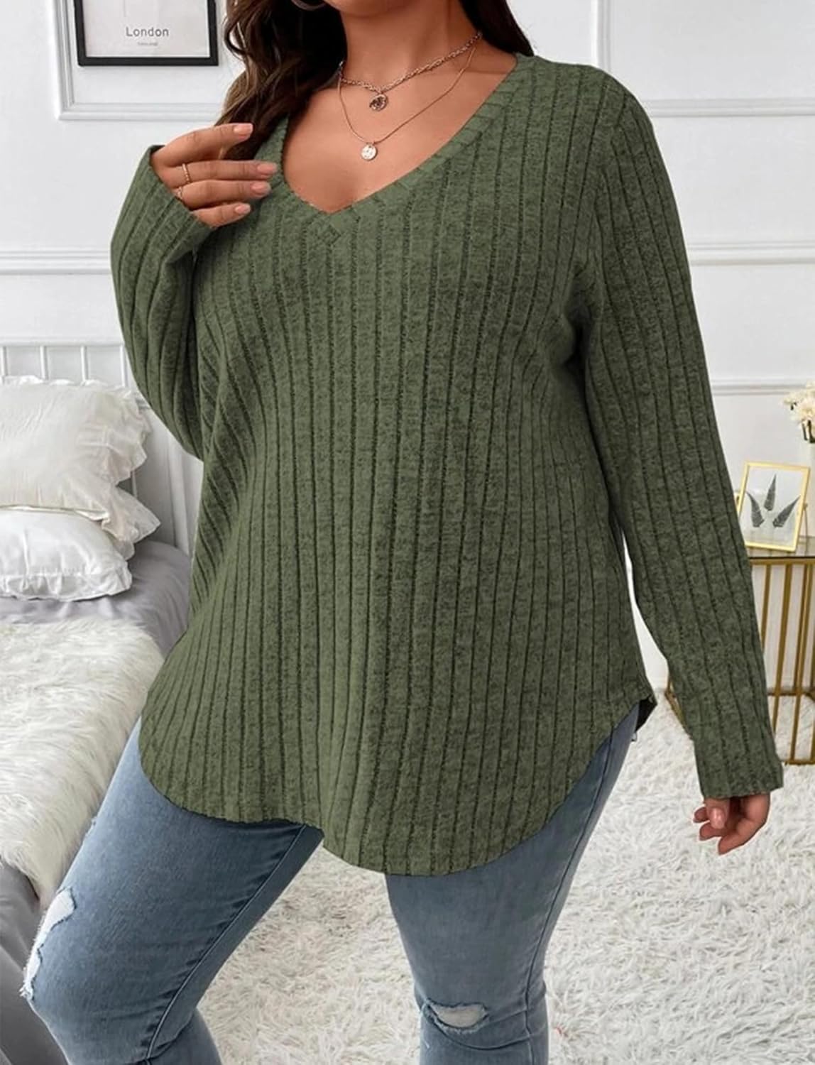 Women Plus Size Casual Knit V Neck Lightweight Long Sleeve Sweaters XL-5XL - Image 2