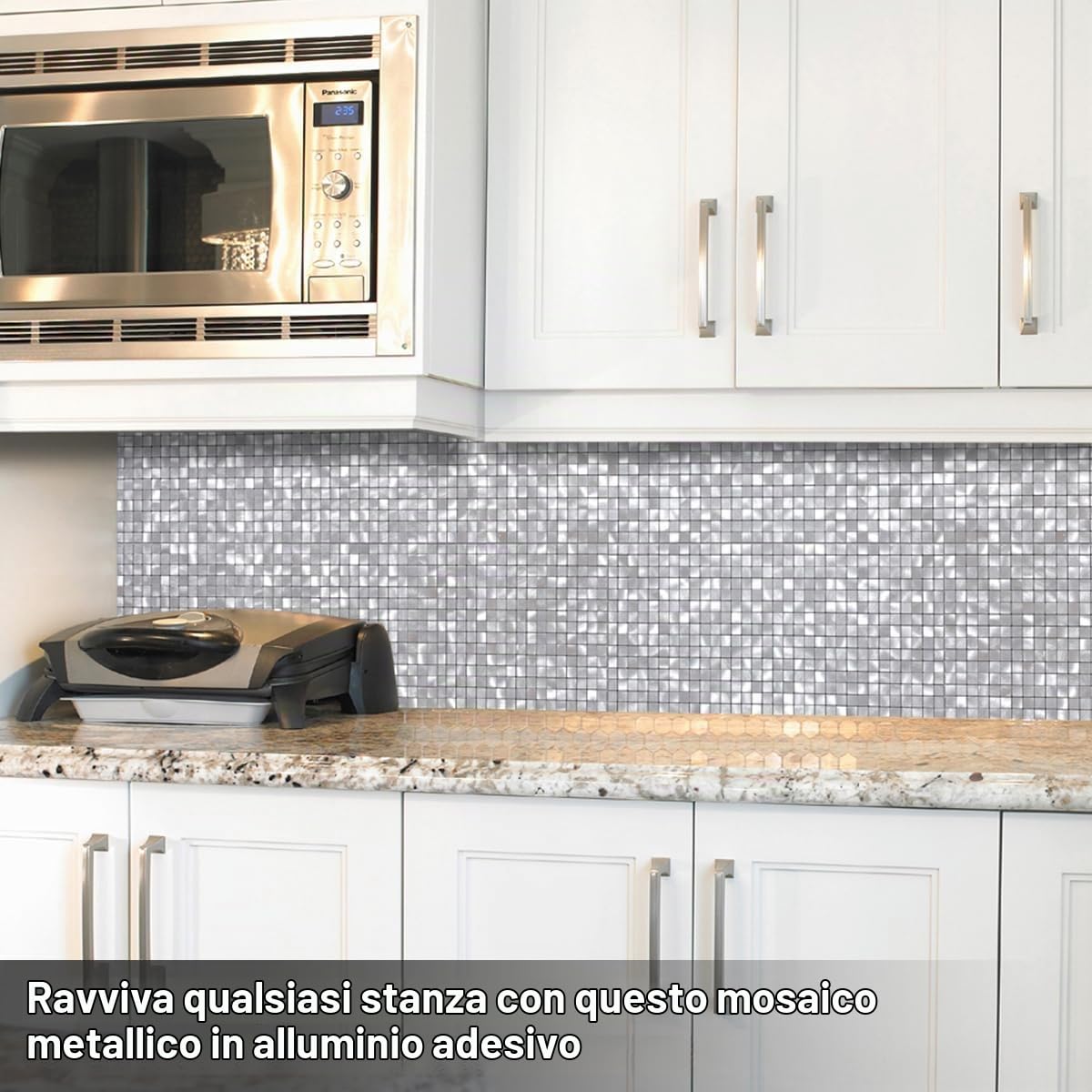 BeNice Piastrelle Adesive per Cucina e Bagno - Mosaico Metallico Bianco Argento (10 Pezzi)