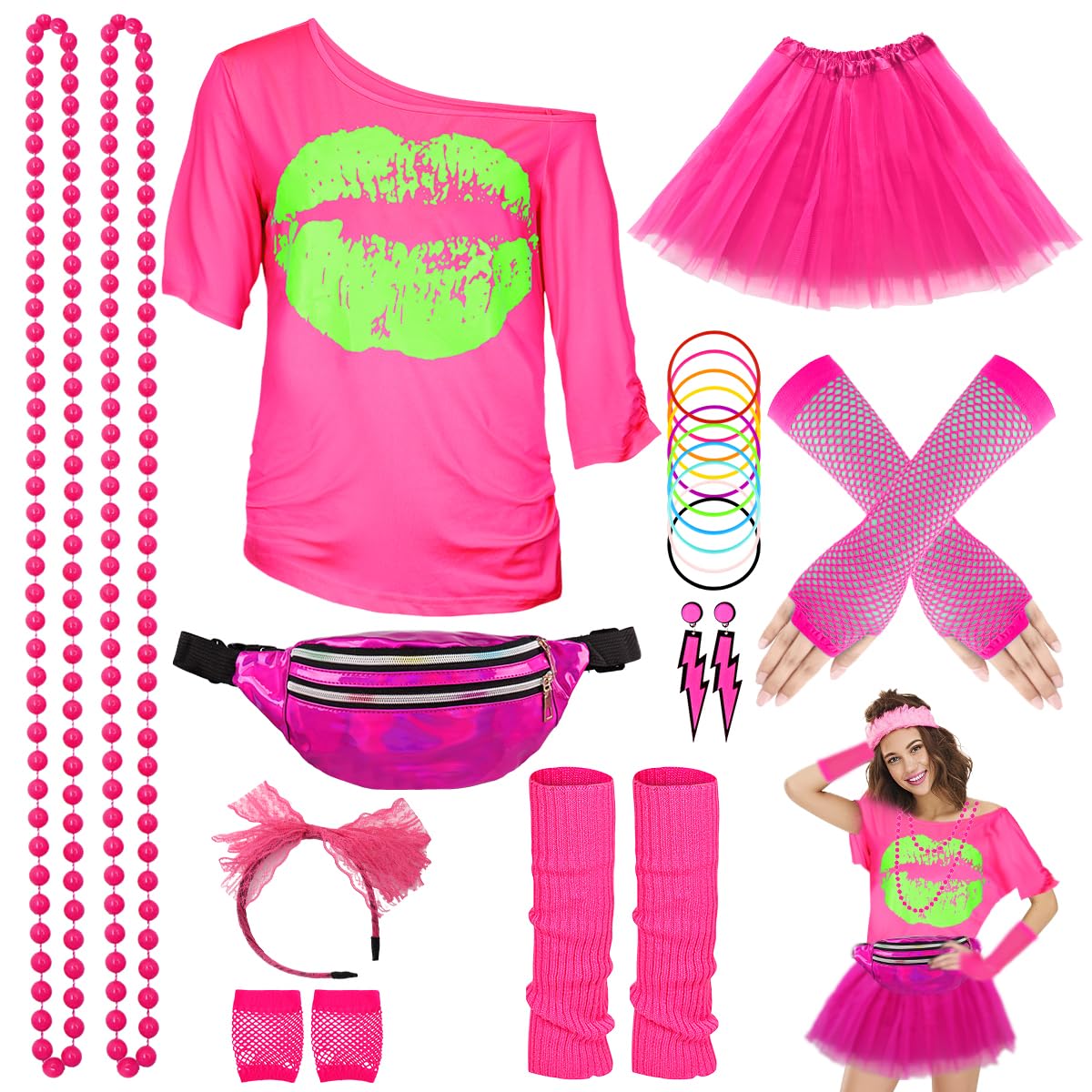 WILDPARTY Accesorios de disfraz de los años 80 para mujer, riñonera con tutú, diadema, aretes, collar, guantes de red, calentadores de piernas