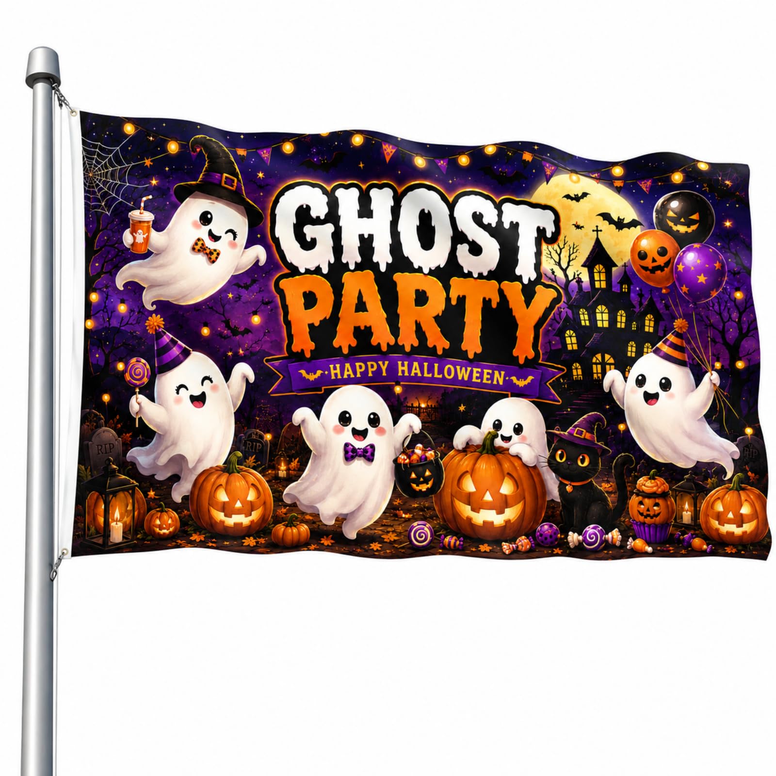 Halloween Ghost Flag 150 x 90 cm for Wall Party Decor (White-Purple)