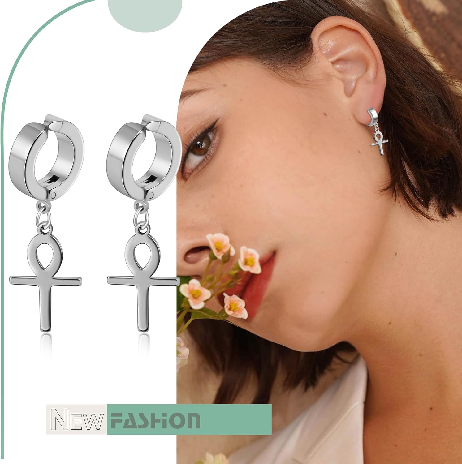 Non-Piercing Clip On Ankh Earrings: Stainless Steel Egyptian Cross Dangle Drop Earrings Hoop Jewelry for Men Women Halloween Christmas - Image 7