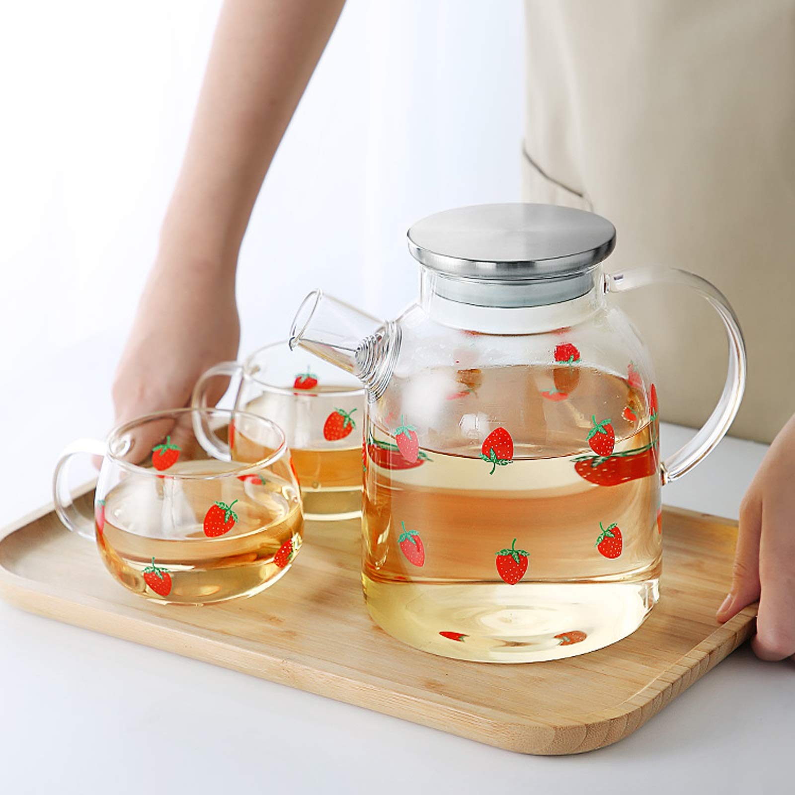 Jarra Agua Fria Jarra de Vidrio de Fresa con Tapa de Acero Inoxidable Tetera de Vidrio de Alto borosilicato con colador Puede ser un Regalo (1800 ml) Jarra Agua Detox Frutas