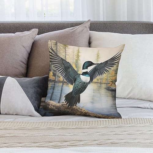 Miniatura 7 de Funda de cojín cuadrada de 12 x 12 pulgadas, diseño de loon que dobla sus alas para sofá, sofá, naturaleza, pájaro, lago, agua, cojines decorativos