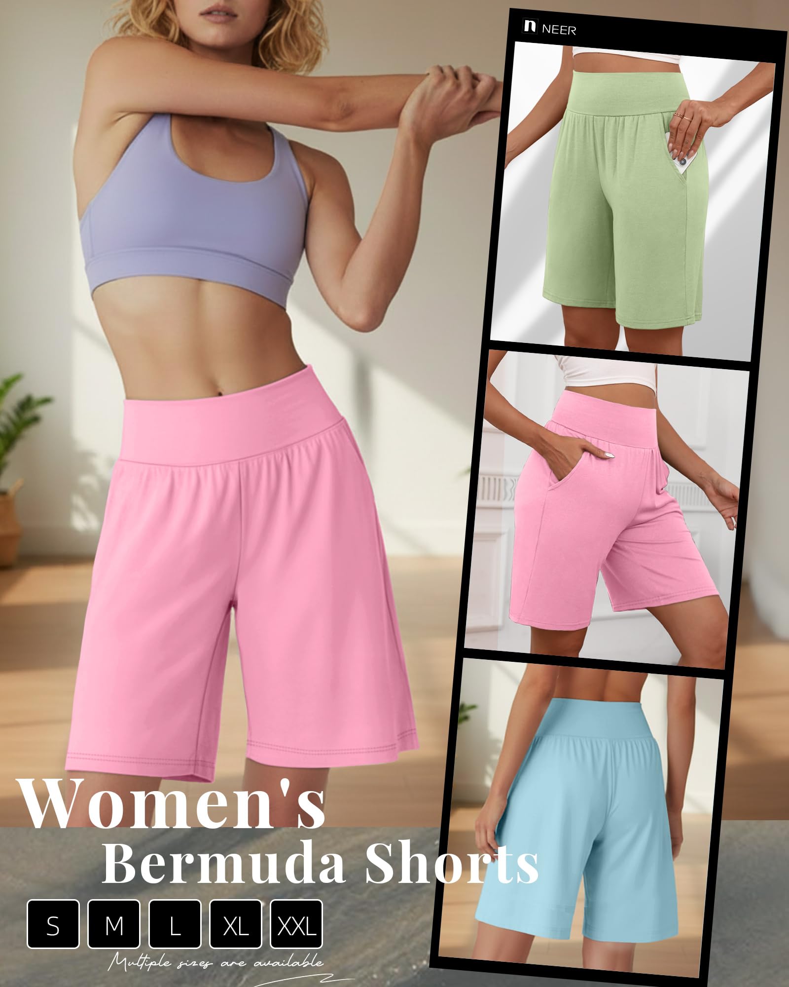 Neer Lot de 3 Bermudas Femme Taille Haute Confortables Extensibles Style Décontracté Longueur Genou Short d'Été à Poches