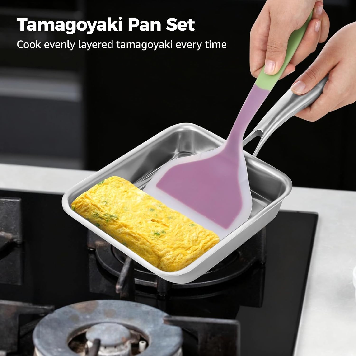 Stainless Steel Omelette Pan Set, Nonstick Egg Pan Compatible with Induction Cooker, Japanese Tamagoyaki Pan with Spatula, Brush, Utensils, Egg Rolls