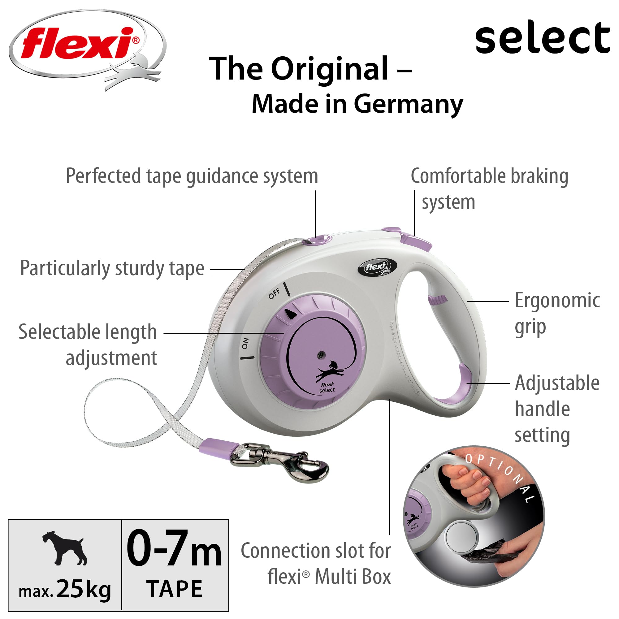 flexi® Select Belt 7 m Light Grey/Purple, Adjustable Between 0-7 m for Dogs up to 25 kg, Light Grey/Violet, Medium - Image 2