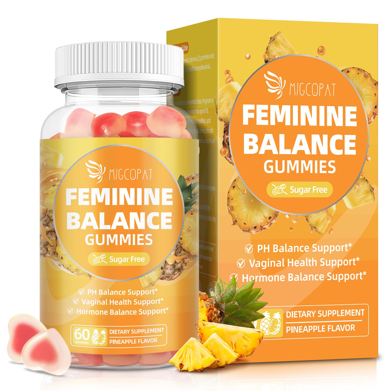 Migcopat Premium Feminine Balance Gummies, Women’s Health Probiotics - 100 Billion CFU Probiotics - Immune Support, Gut Health, Hormone Balance, PH Balance Vitality, Pineapple Flavor, 60 Count 60 Count (Pack of 1)