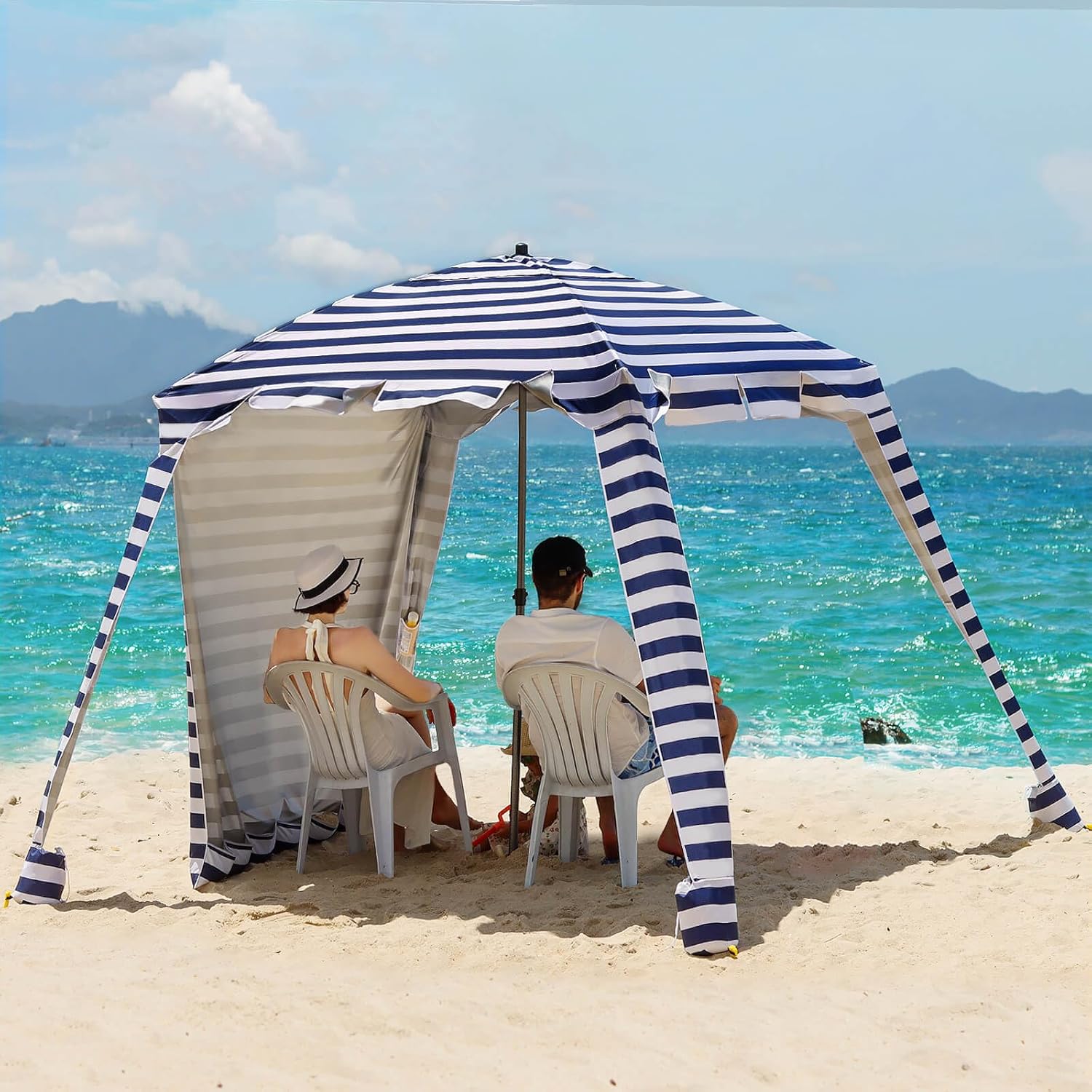 Beach Cabana - UPF 100+ UV Protection Beach Tent, Easy to Set Up 6' x 6' Canopy with Attachable Wall, Waterproof Fabric, Portable Shelter for Family & Friends (Navy Blue)