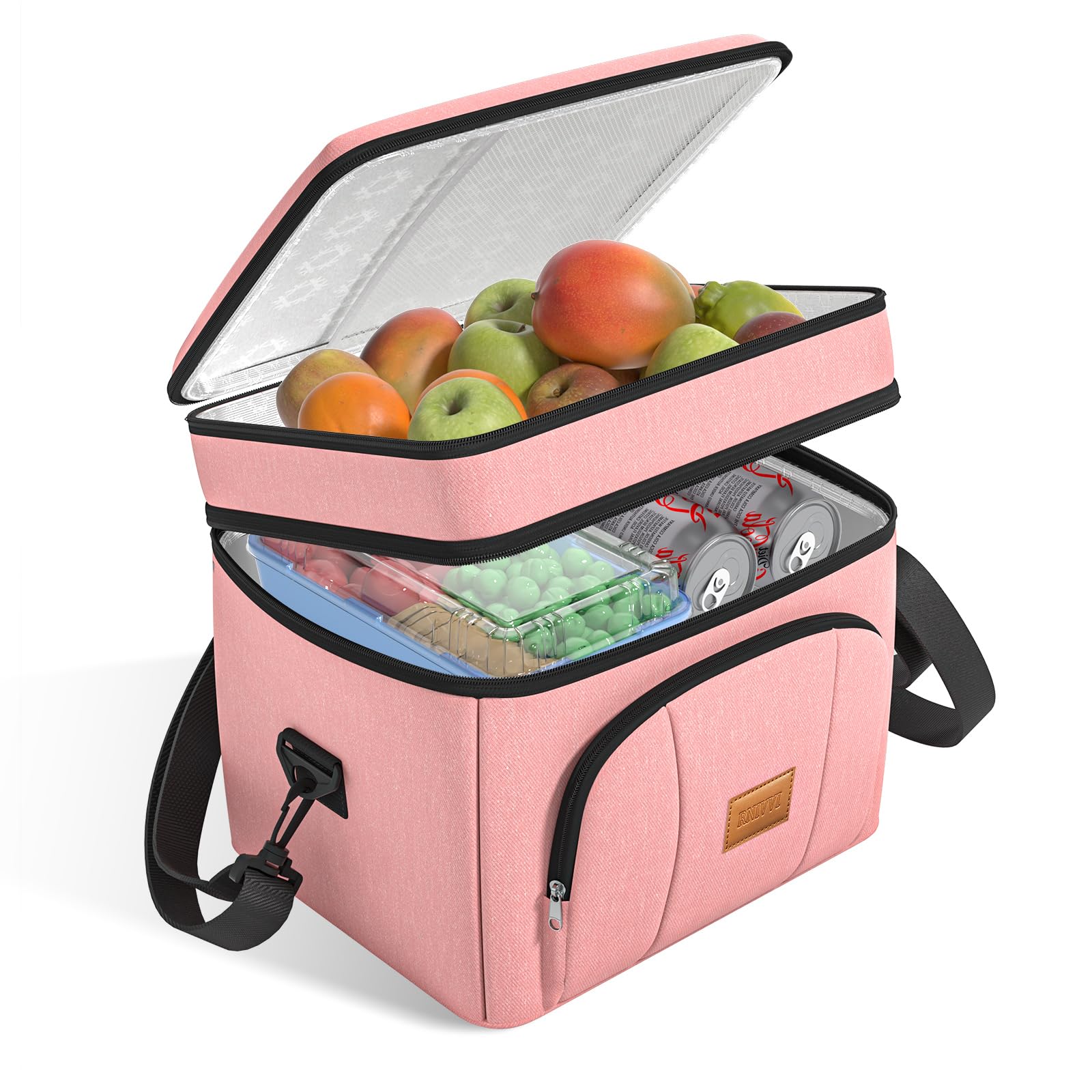 Rnivvi Lunch Box for Women/Men, Cute Reusable Double Deck Insulated Lunch Bags for Work Travel Picnic, Large Capacity Leakproof Cooler Tote Bag Organizer with Detachable Strap for Adults, Rose Pink