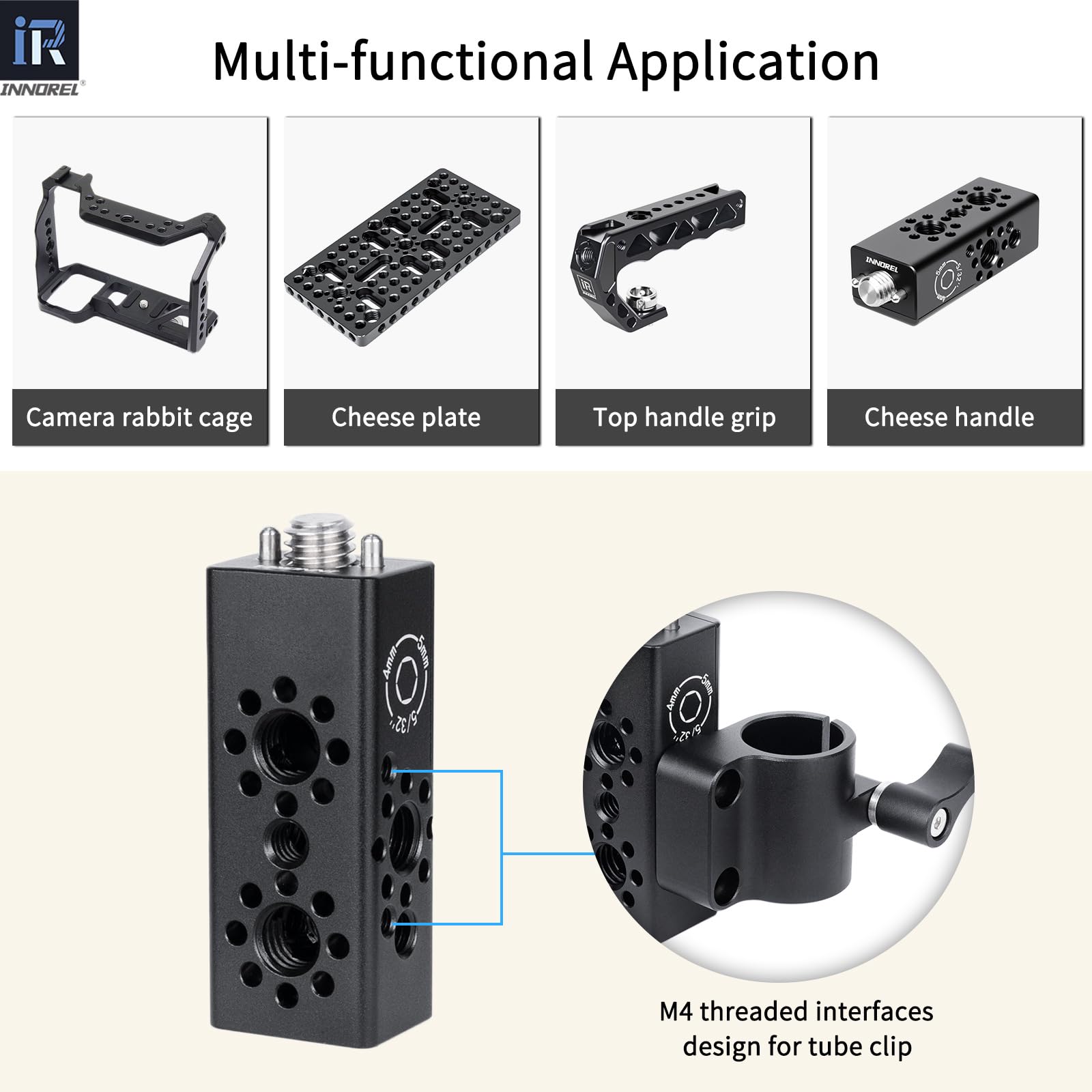 INNOREL CB2 Poignée Multifonction en Alliage d'aluminium CNC,avec Trous de Fixation Arri de 3/8" et 1/4" pour Cadres de Cage de caméra, Plates-Formes vidéo DIY, Tout Point fileté de 3/8"