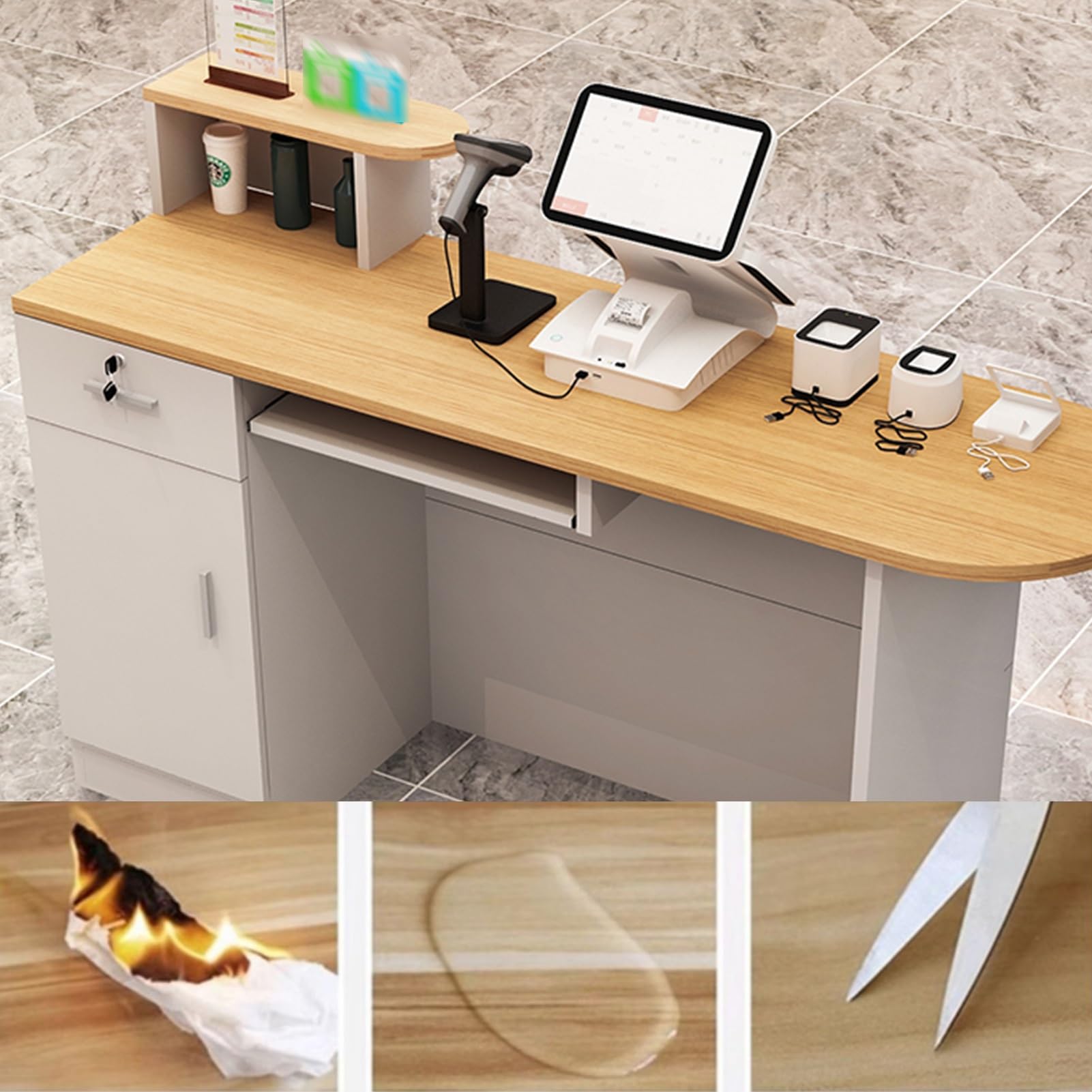 Empfangstheke, Empfangstresen mit abschließbaren Schubladen, platzsparende Kassentheke, Rezeptionstheke for das Homeoffice und das Büro(Gray,140cm/55.1in)