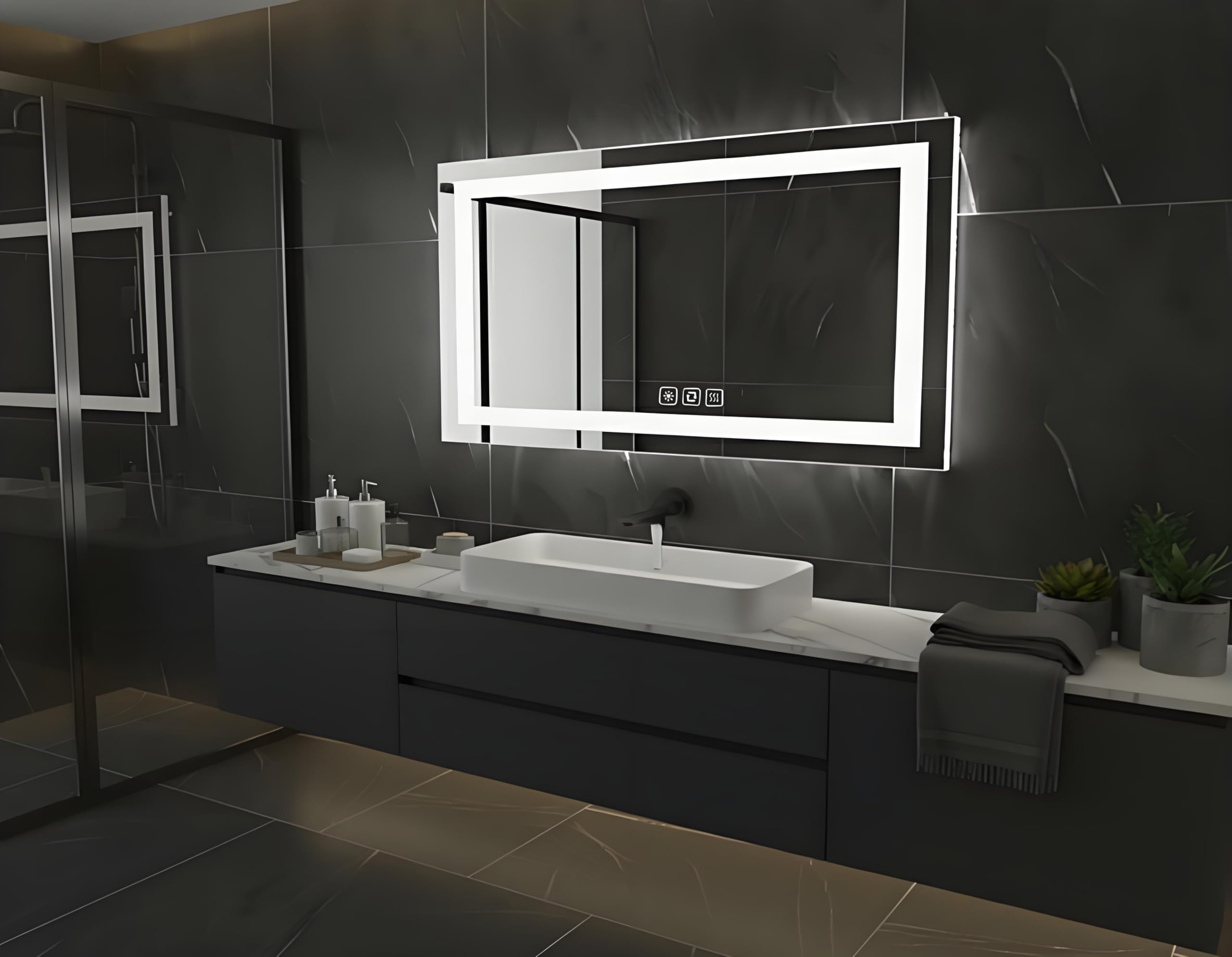 Specchio da bagno con illuminazione, rettangolare, 60 x 100 cm, specchio da parete a LED, 3 colori di luce, dimmerabile, con touch, anti-appannamento, CRI90+, vetro temperato