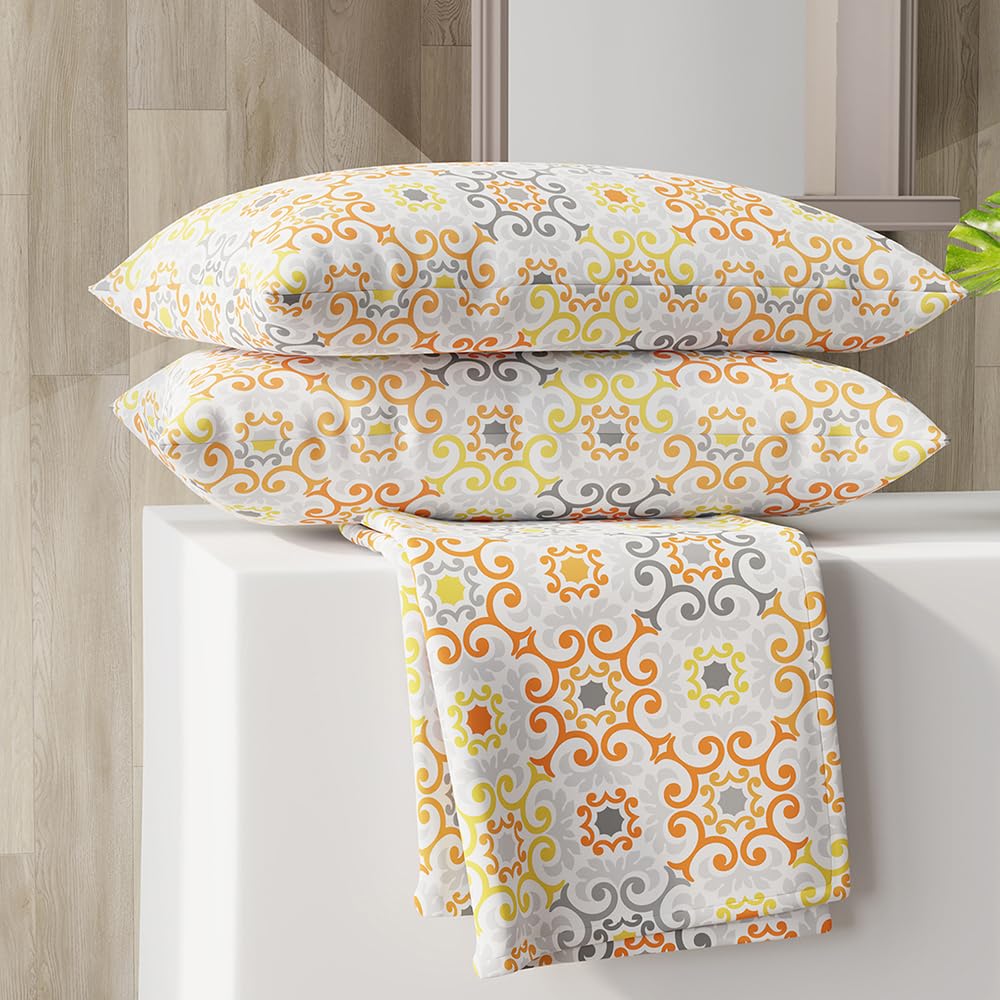 Layers Zen Cotton Blend Double Bedsheet Set (Oeko Tex Certified) | 1 Double Cotton Bedsheet & 2 Pillow Covers | Breathable & Anti-Wrinkle | 225 CVC | (Paisley Print, Orange)-image-16