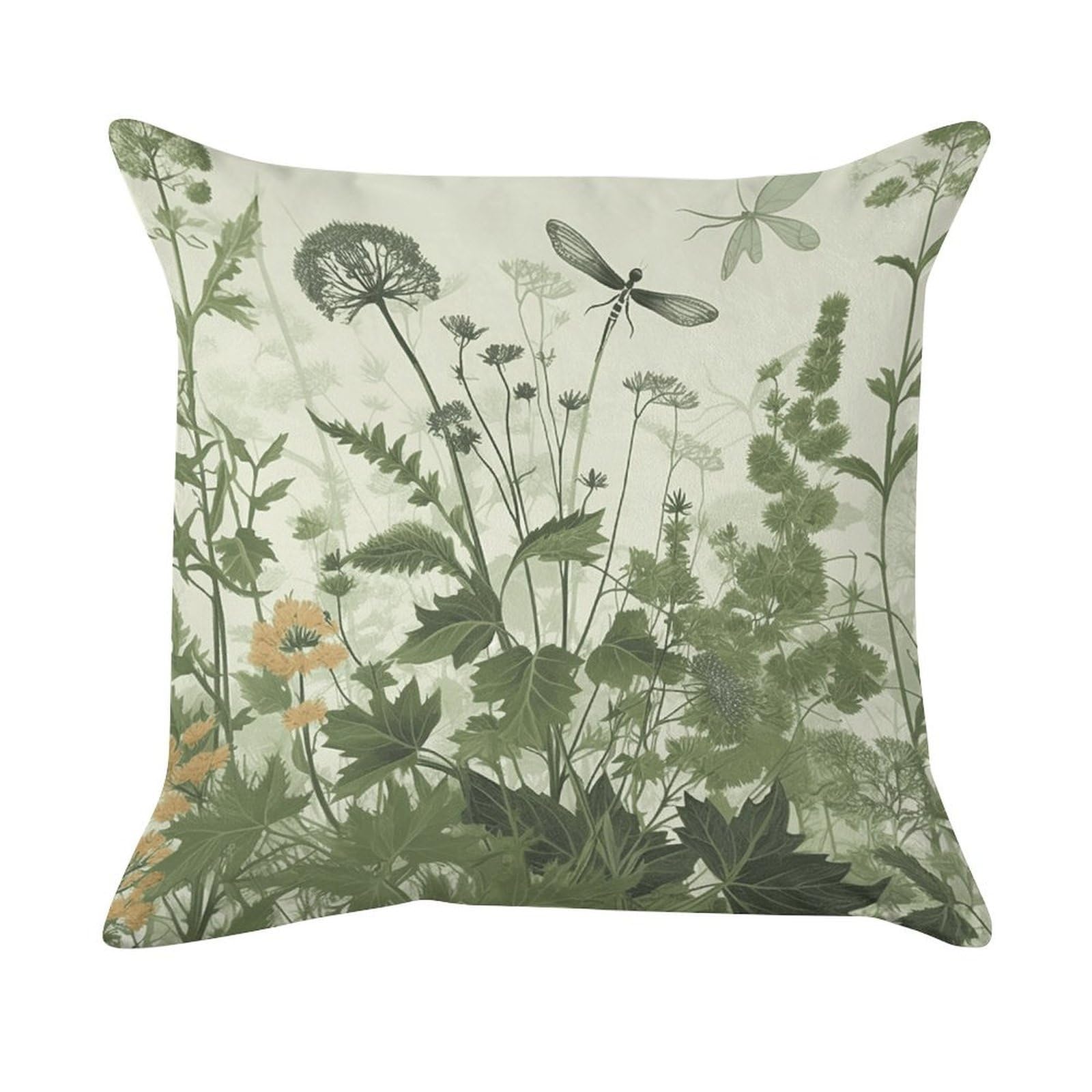 Foliage And Herbs with Dragonflies Winged Throw Pillow Cover Super Soft Golden Velvet Decorative Pillowcase Fashion Modern Square Cushion Case Pillow Case Cozy Couch Cushion Cover for Living Room Bed