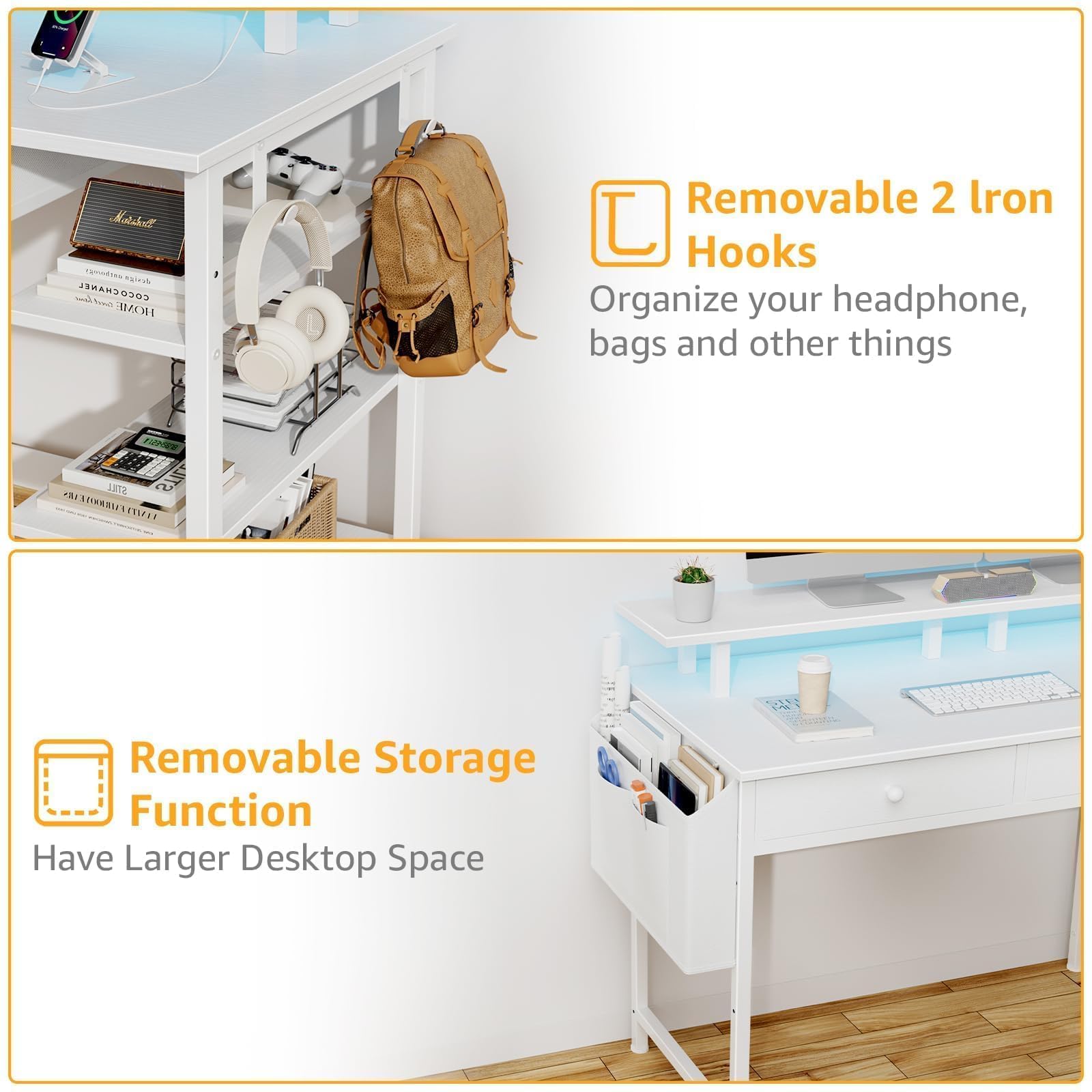 DLisiting Black Gaming Desk with Shelves and Drawers - 39 Inch Small Gaming Desk with Storage Shelves for Boys Teens Bedroom, Black Computer Desks with Drawers, Monitor Stand, Power Outlet: White 47.2"