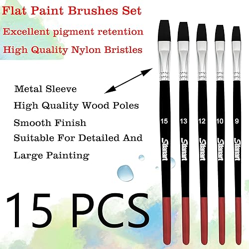 Miniatura 6 de Pinceles de pintura plana, 15 piezas de diferentes tamaños, juego de pinceles planos para acuarela, tinta de aceite de gouache acrílico y pintura