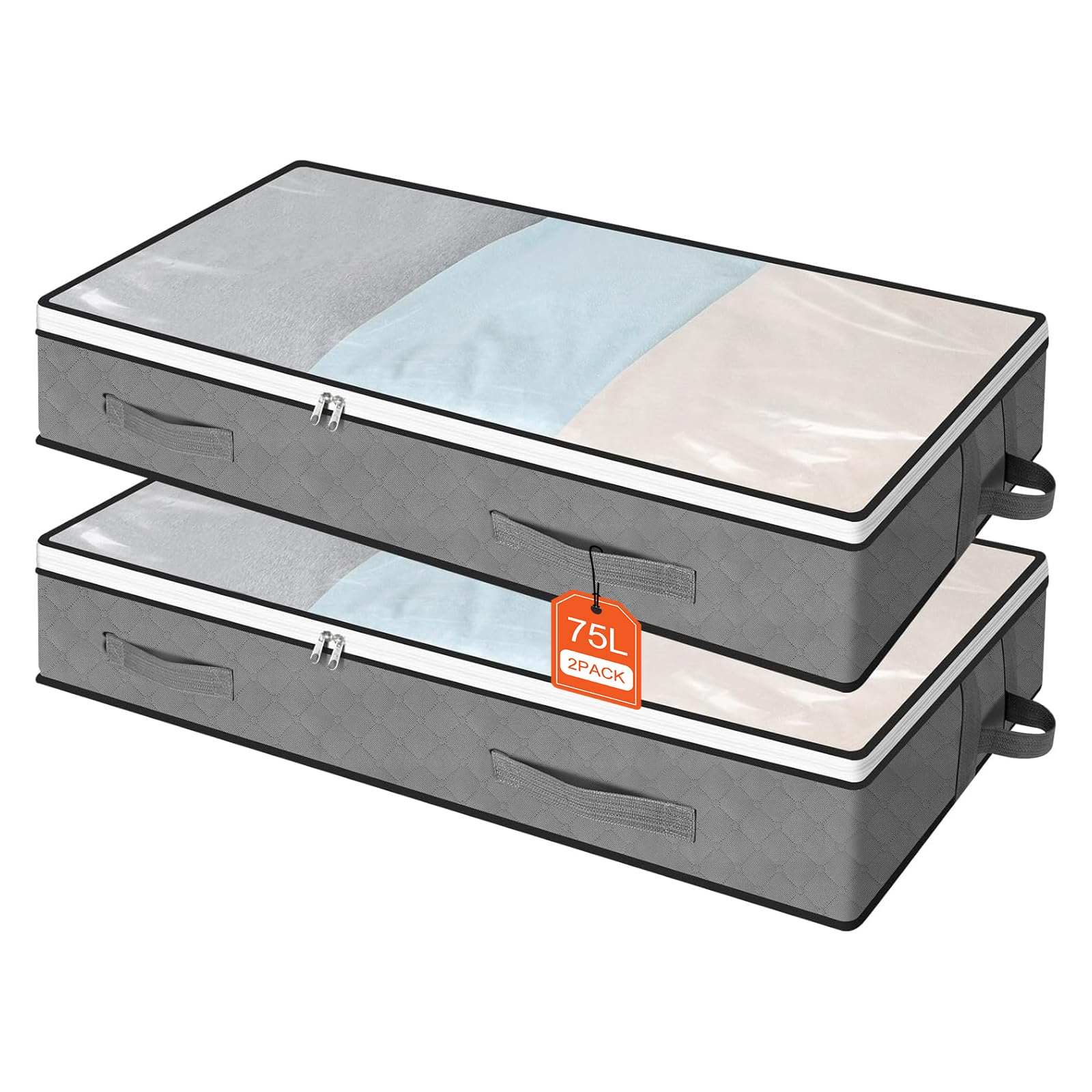 AiQInu 2 Pieces Underbed Storage Containers 100 x 50 x 18 cm, Under Bed Organizer with Observation Window and Handle, Space-Saving Foldable Wardrobe Organizer for Clothes Blankets Duvets