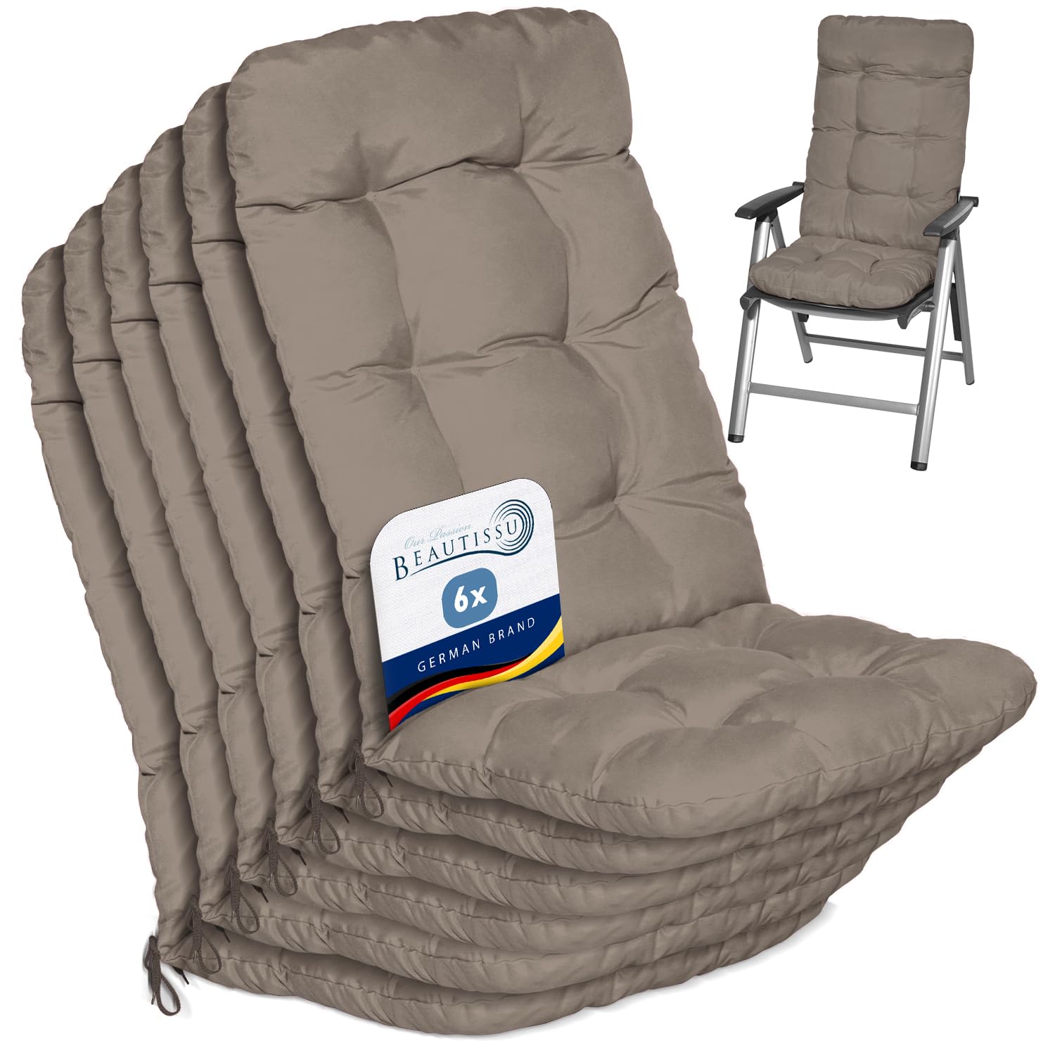 Beautissu Set of 6 Highback Garden Chair Cushions Set 120x50x8 cm - Taupe Outdoor Seat Cushions for Garden Chairs with Backs Pillows for Recliner Patio Sunbed Bench - Flair HL