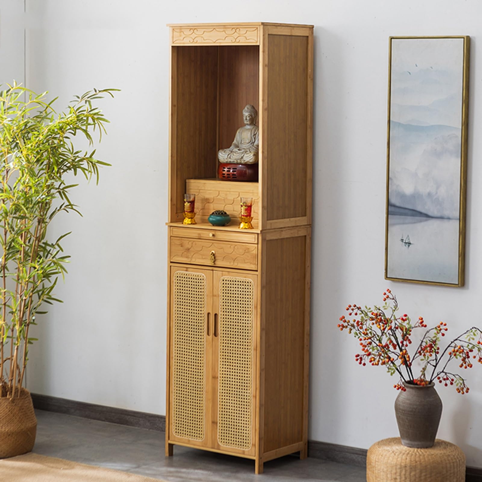 SXZenSpace Personal Shrine Altar Table, Cabinet, Meditation Table Storage Puja with Drawer, Prayer Stand Riser Home Decor, for Living Rooms, Shrines, Temples(Light brown,40cm/15.7in)