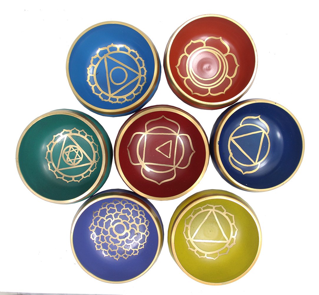 DharmaObjects Tibetan Palm Size Complete 7 Chakra Singing Bowls Premium Set
