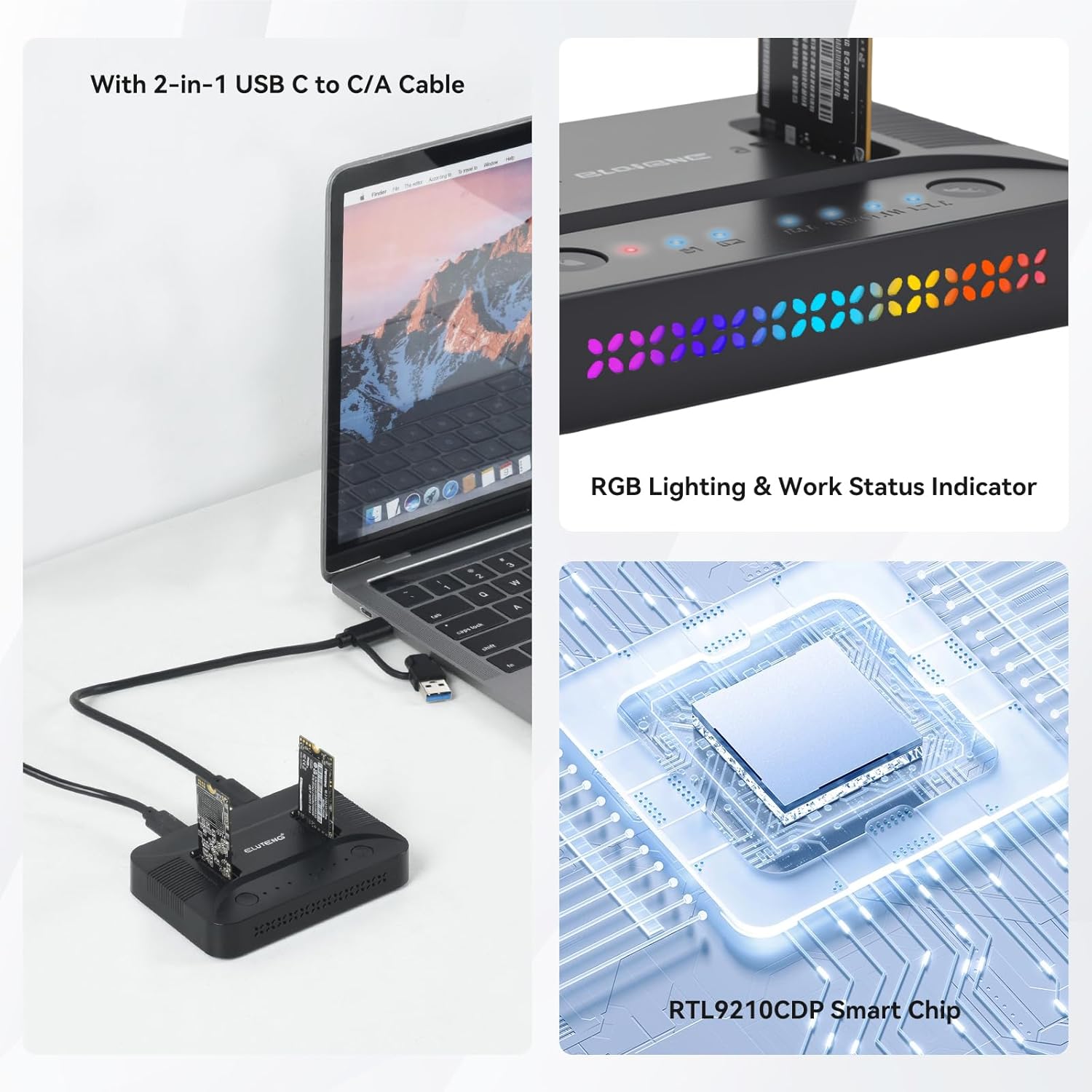 ELUTENG Dual-Bay Dual-Protocol Hard Disk Copy/Clone Type-C Mobile Hard Disk Base Tool-Free 10Gbps Speed USB 3.1 Includes 9210CDP Chip with 2-in-1 Wire and USB to Type-C Power Cable