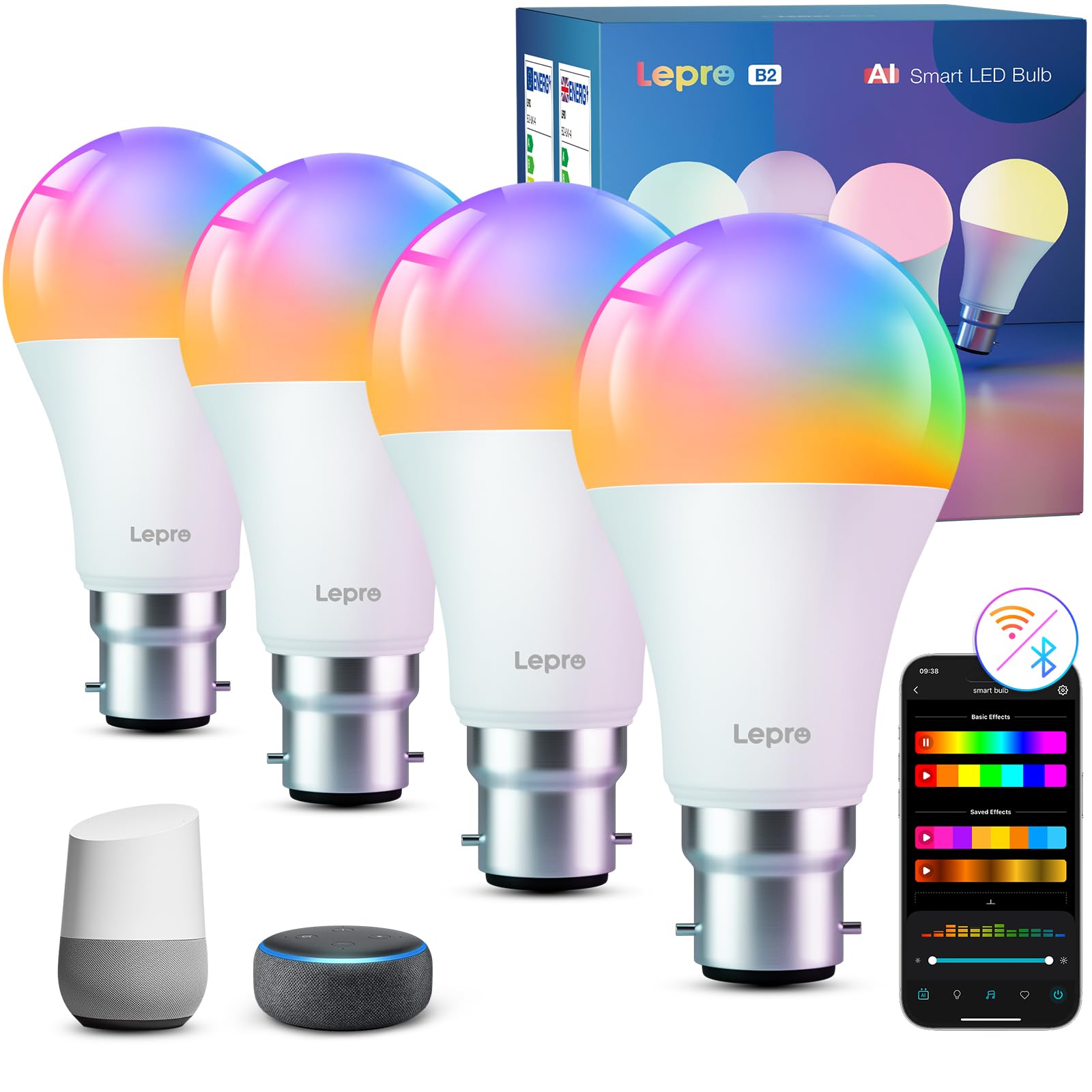 Lepro Lepro B2 AI Smart Bulb Bayonet, 1100LM Music Sync B22 WiFI Bulbs, Voice Control, AI Lighting Design Assistant, RGBCCT, Bluetooth Colour Changing Light Bulb, Work with Alexa & Google Assistant, 4 Packs