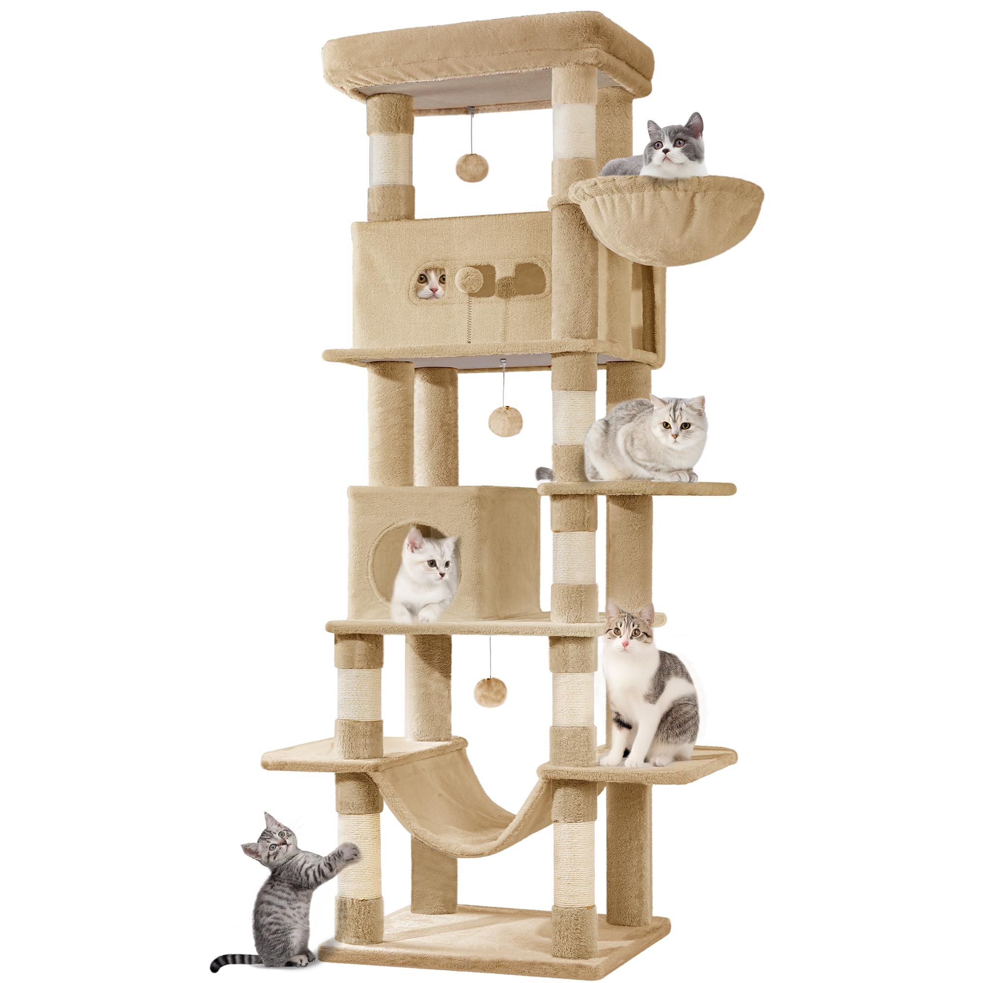 Hzuaneri Cat Tree for Indoor Cats, 210 cm Large Tall Cat Tower, Multi-Level Cats House with Condo, 8 Scratching Posts, Hammock, 4 Pom Poms, Camel Brown MS21018LC