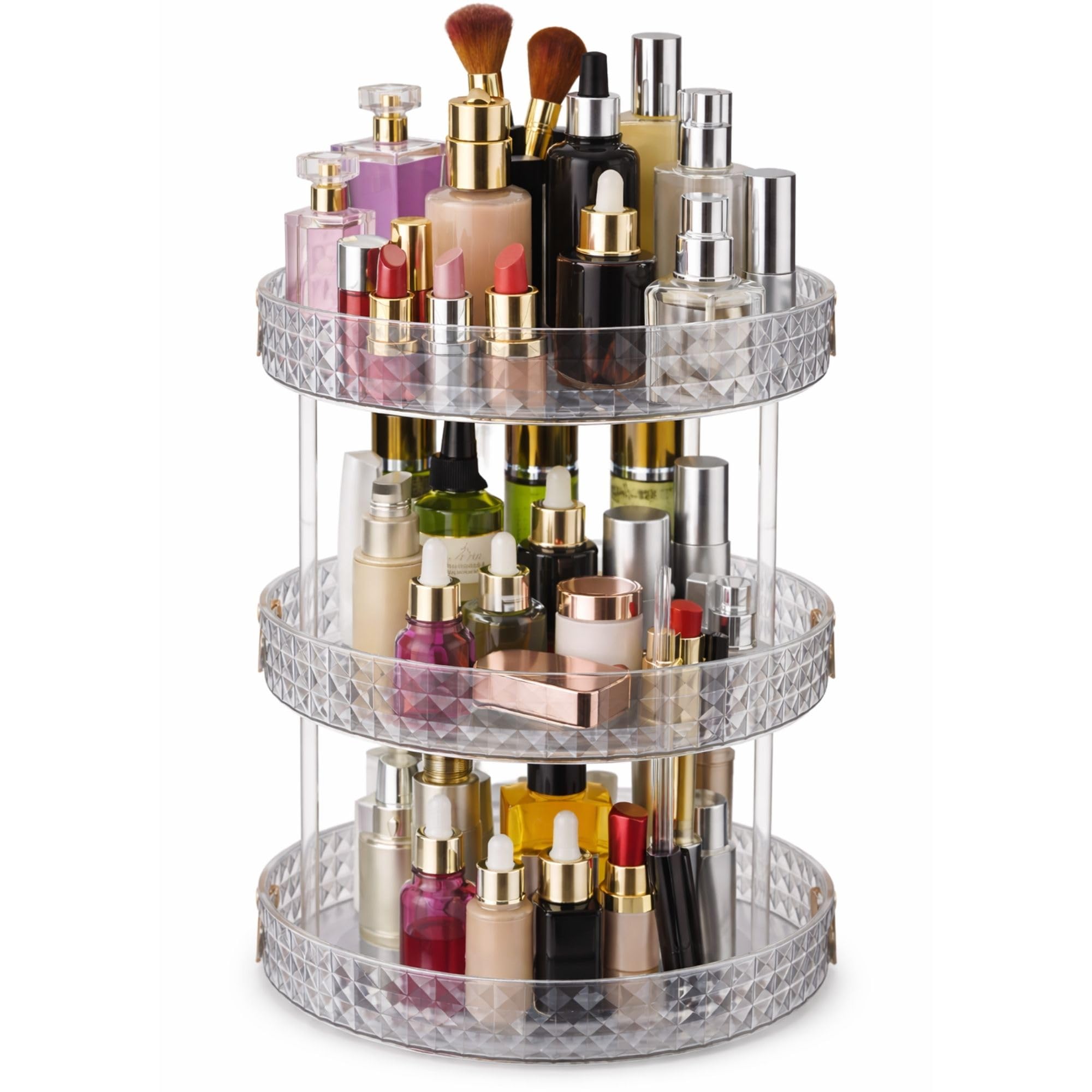 Makeup Organiser Rotating Large Capacity 360 Degree Cosmetics Organiser, Spinning Make up Stand, Clear Skincare Makeup Carousel (Tier 3, Clear)