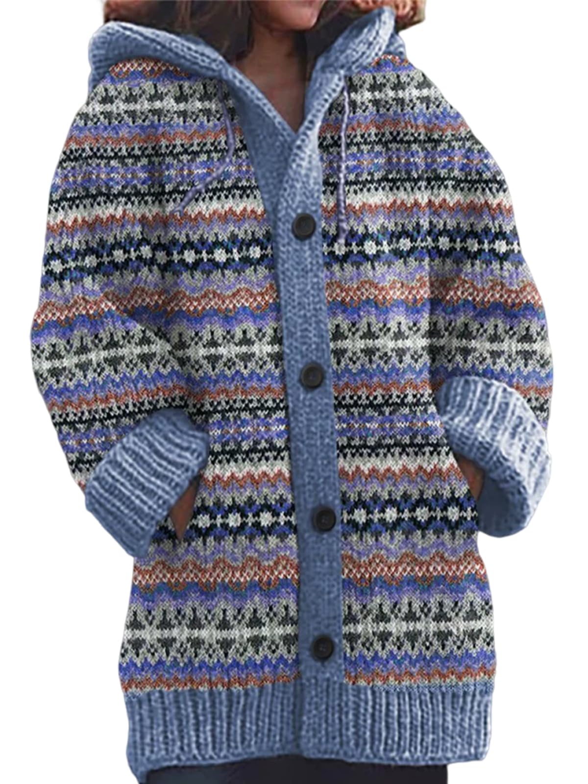 utcoco Womens Contrast Snowflake Cardigan Sweaters Button Down Oversized Knit Sweater Coats with Hood