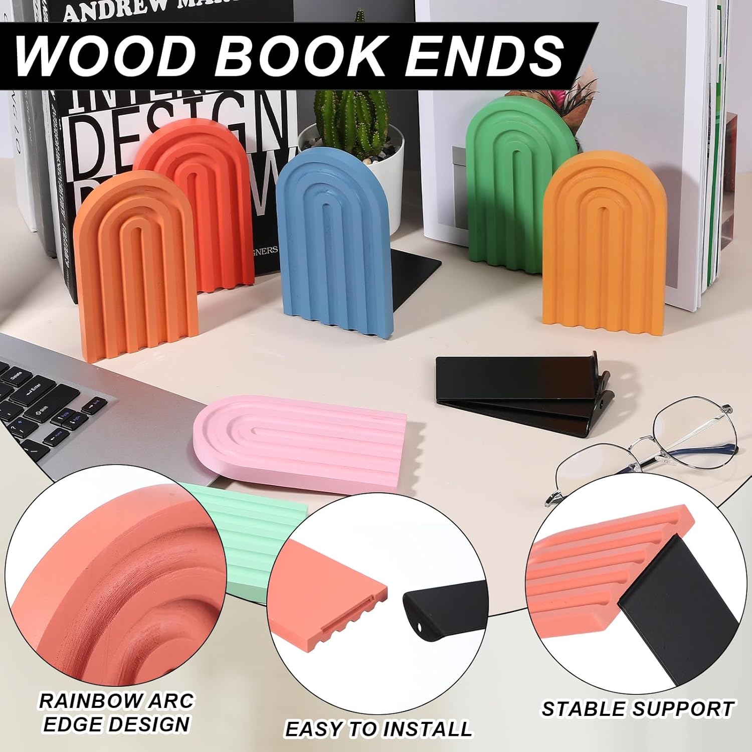 PATIKIL 4Pcs Boho Arch Bookends, Non-Skid Wood Book Ends Rainbow Wooden for Shelves Book Stopper Stand Cute for Holding Books Movie CD Home Office Library Decorative, Red/Orange/Green/Cyan