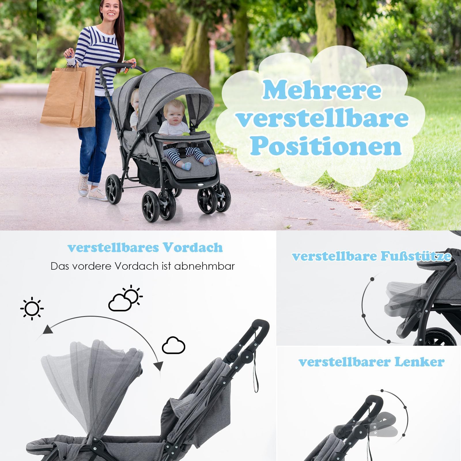 FANTASK Geschwisterwagen klappbar Zwillingswagen verstellbare Rückenlehne Verdeck Baby ab 6 Monate 30 kg Belastbar Grau