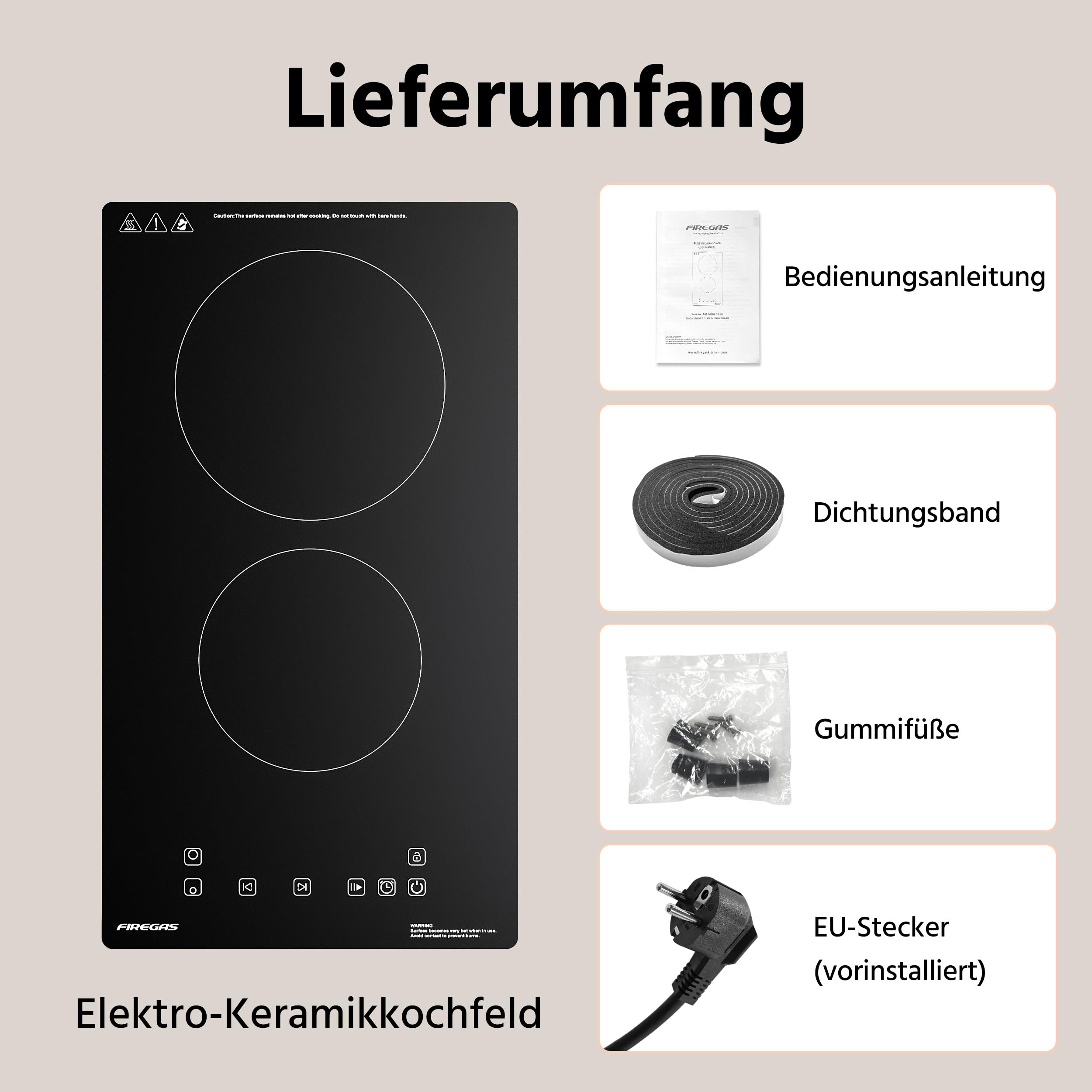FIREGAS Domino Glaskeramikkochfeld 3000W 9 Leistungsstufen Sensor-Touch-Steuerung Kindersicherung Timer 2 Platten