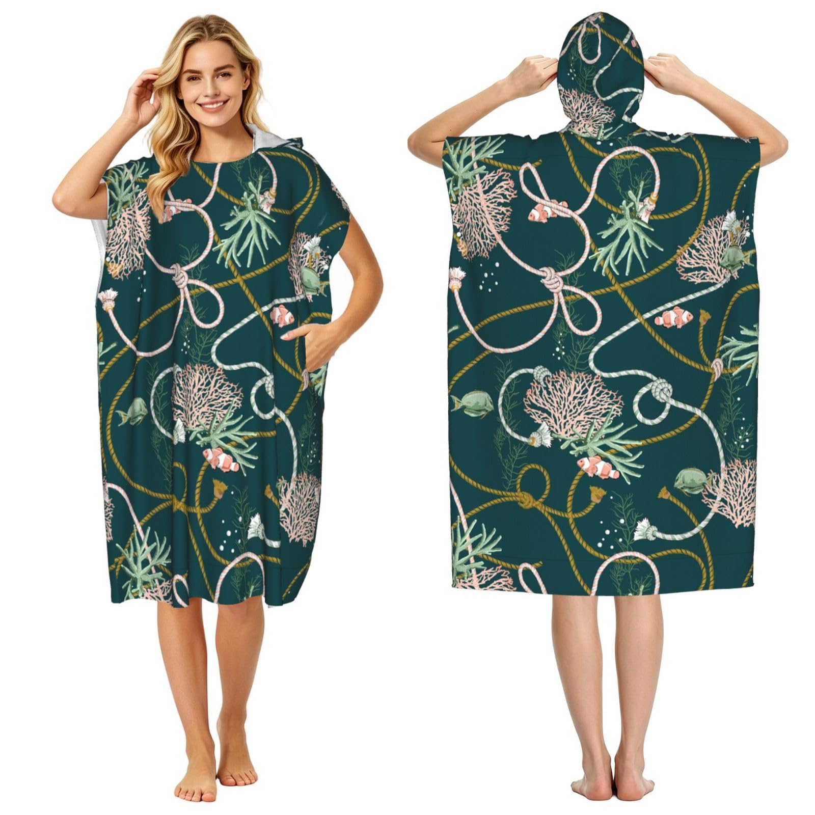 Poadnly Corals Golden, Adult Hooded Beach Towel 90 x 110 cm,Changing Bath Robe, Surf Poncho Towel For Women Men