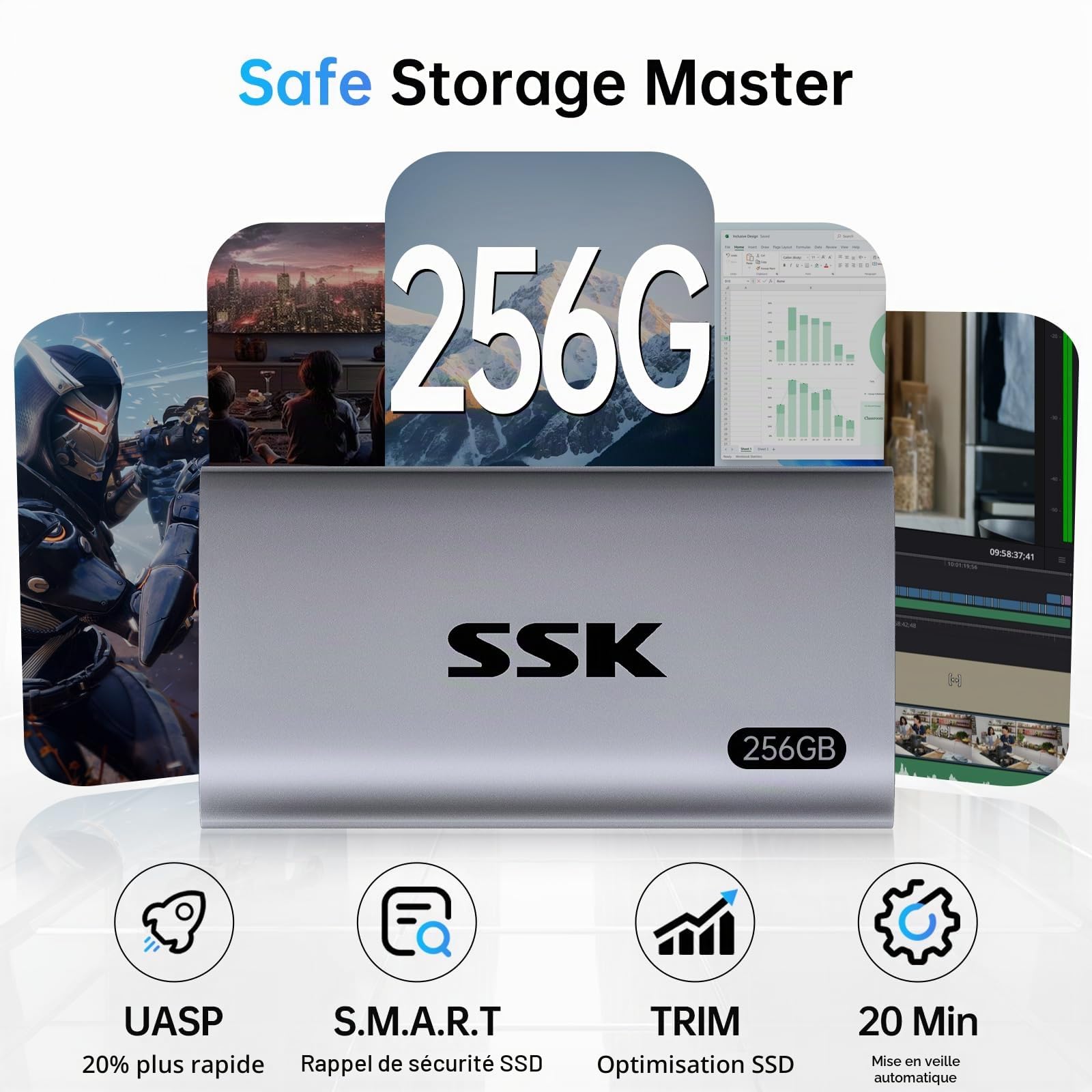 SSK 256Go Disque Dur Externe SSD USB3.2 Gen2 550 Mo/s Portable pour iPhone Android Windows Mac Xbox
