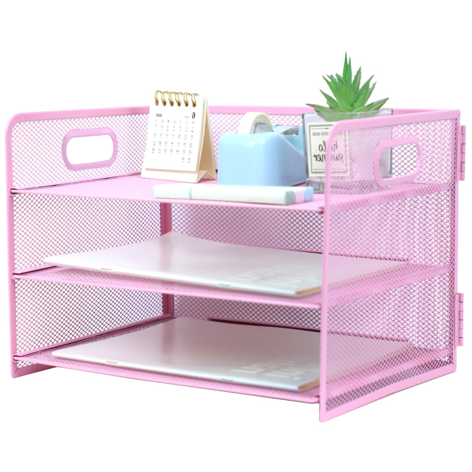 HIHOBDAY 3 Tier Paper Organiser Mesh Letter Tray Metal Magazine File Desk Storage For Office School Home,Pink